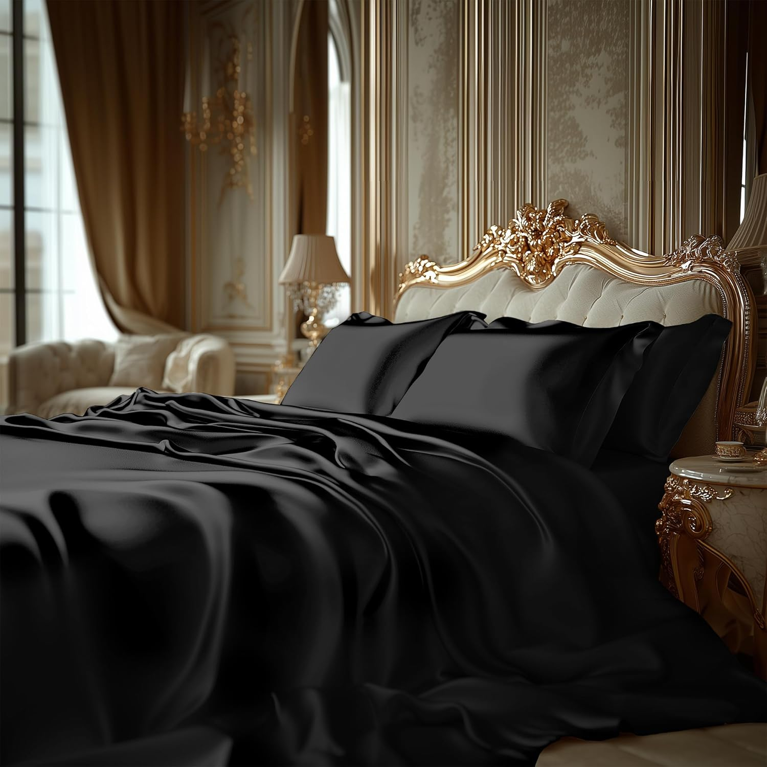 Degrees of Comfort Black Satin Sheet Set for Queen Size Bed – 6 Piece Silky and Soft Sheets with 14 Inches Deep Pocket