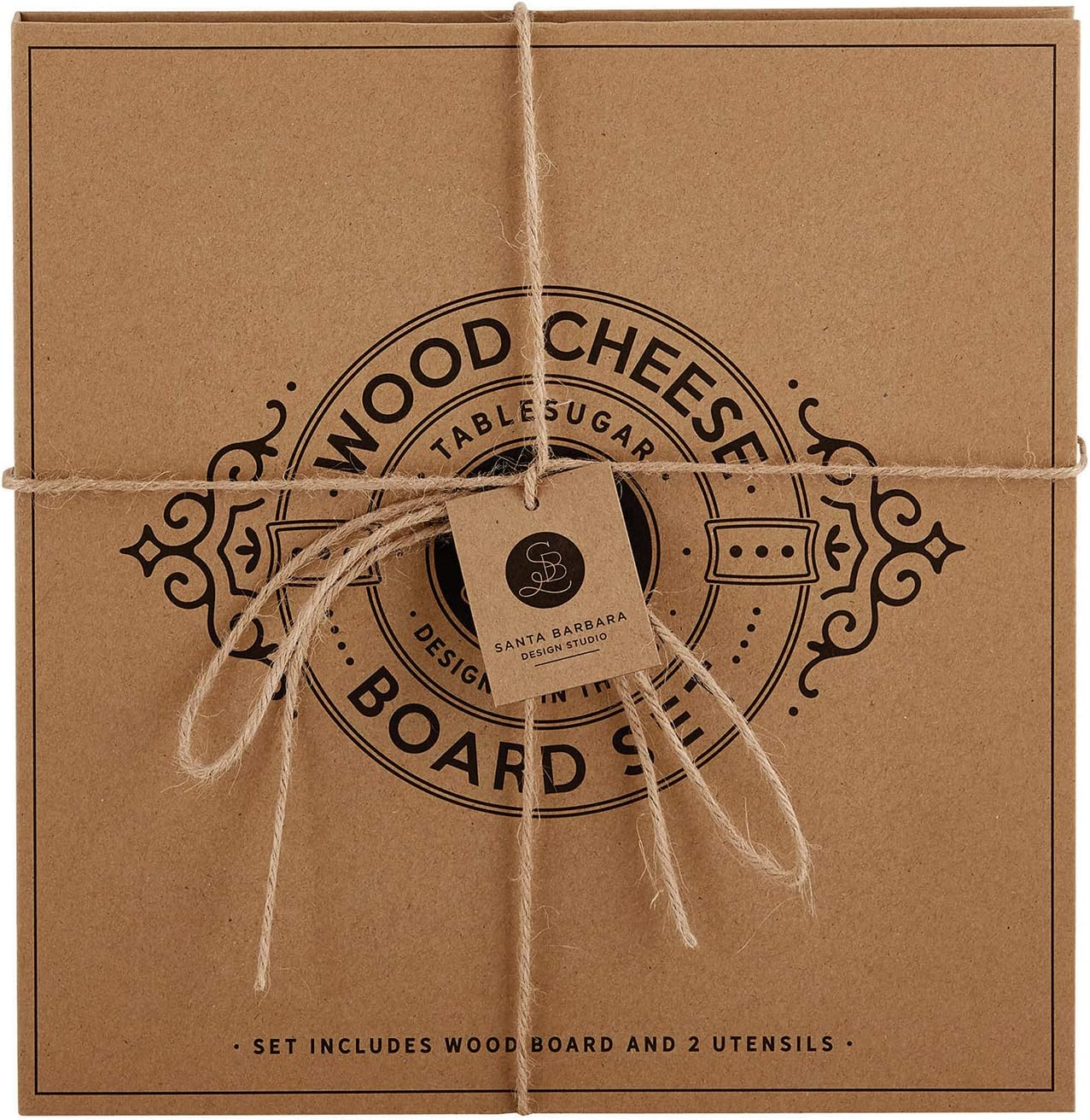 Santa Barbara Design Studio Gift Set Kitchen Essentials TableSugar Kraft Cardboard Book Gift Box, 3-Pieces, Wood Cheese Board Kit