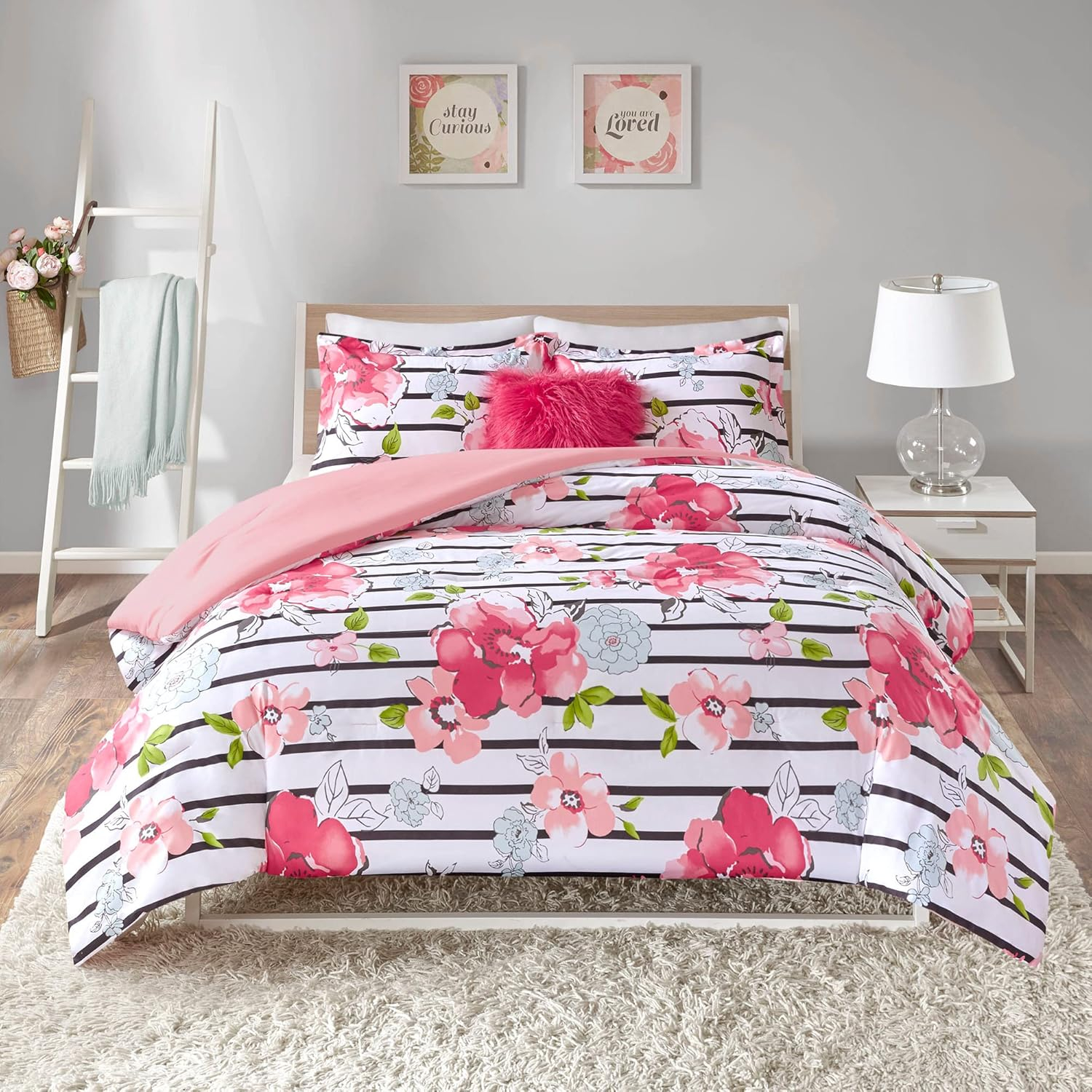 Comfort Spaces Full/Queen Comforter Sets, 4-Piece Floral Kids Bed Sets for All Season, Pink and Black Bedding Comforter Sets for Girls