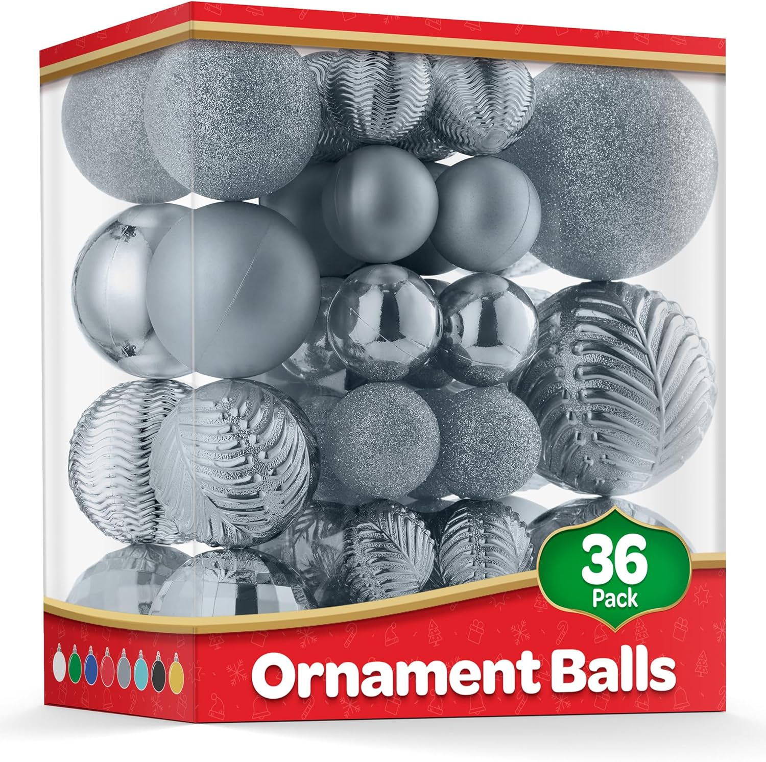 Christmas Ornaments Set of 36 - Beautiful [Silver] Christmas Tree Decorations Ornaments Set - 6 Style Christmas Ball Ornaments - Shatterproof/Pre-Strung - for Holiday/Party/Decorations/DIY