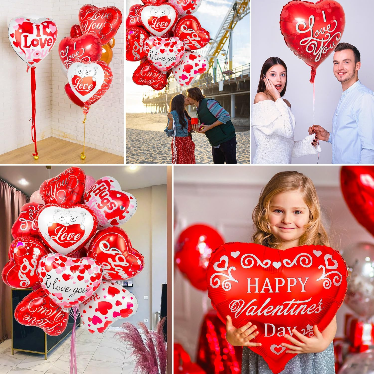 36 Red Heart Balloons - Happy Valentine's Day Foil & Mylar Balloons for Special Night Party Decorations