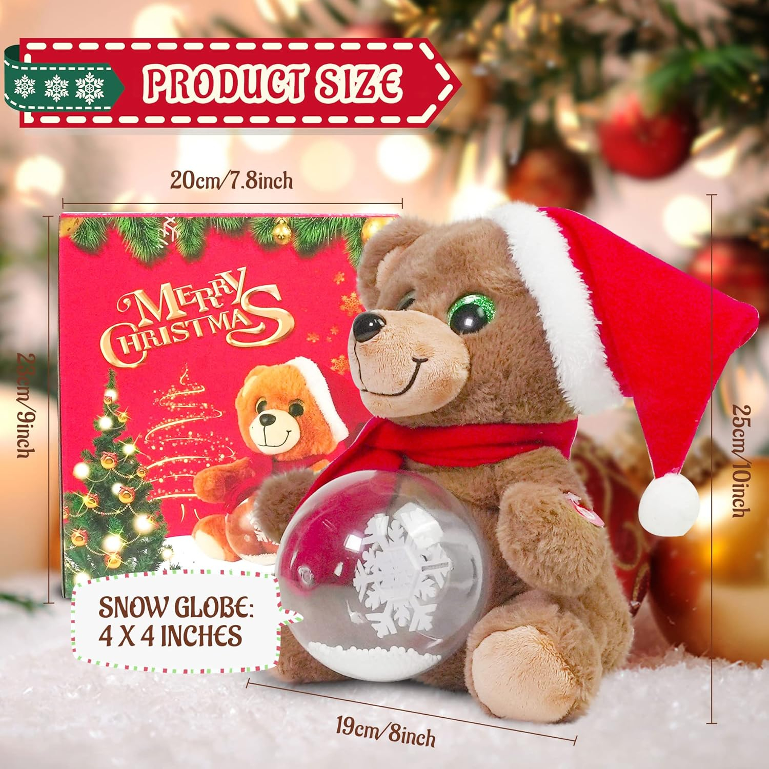 10'' Christmas Teddy Bear Stuffed Animals Plush, LED Light Glow Musical Singing Bear Plush Toys with Snow Globes, Birthday Festivals Gifts for Boys Girls (Brown)