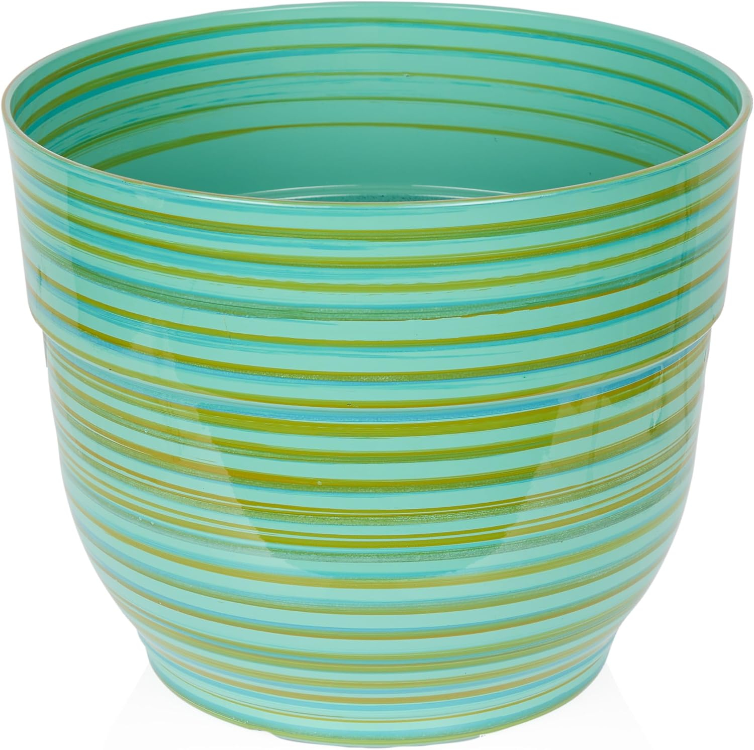 Alpine Corporation Glossy Striped Indoor Outdoor Planter with Drainage Hole Turquoise 13"x13"x11": Polypropylene, Freestanding