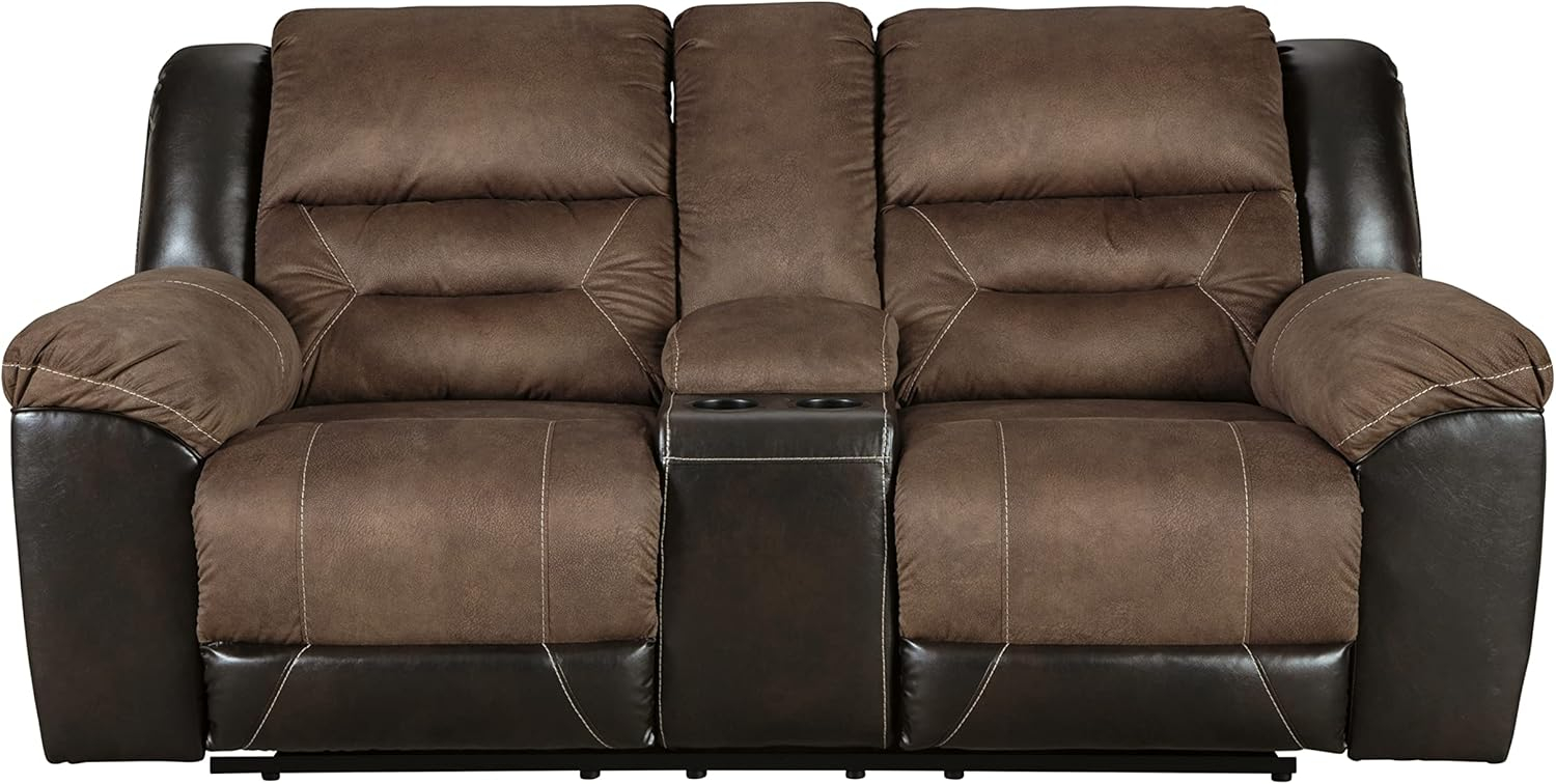 Chestnut Faux Leather Reclining Loveseat with Cup Holder and Pillow Back