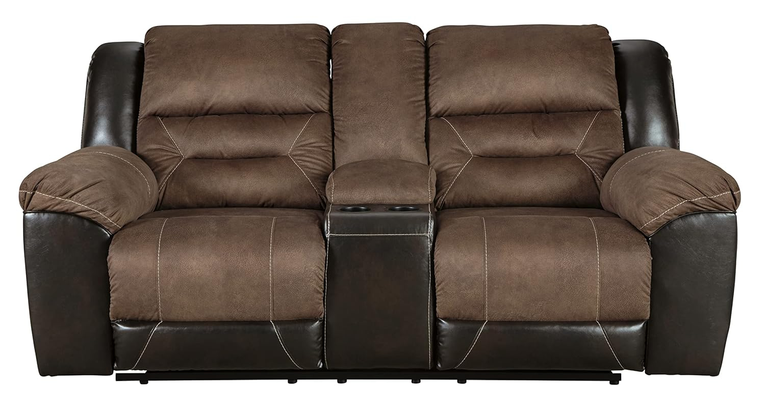 Chestnut Faux Leather Reclining Loveseat with Cup Holder and Pillow Back