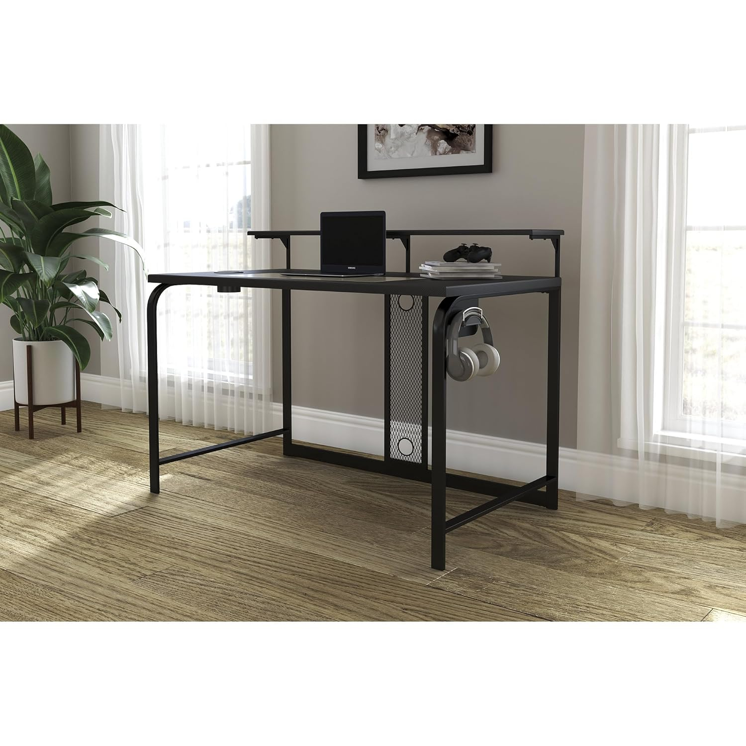 Lynxtyn 49.5" Black Contemporary Desk with USB and Cup Holder
