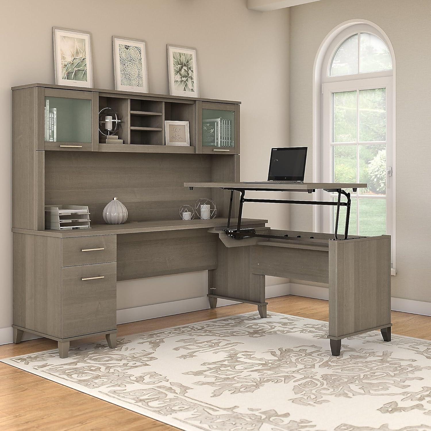 Bush Furniture Somerset 72W 3 Position Sit Stand L Shaped Desk with Hutch