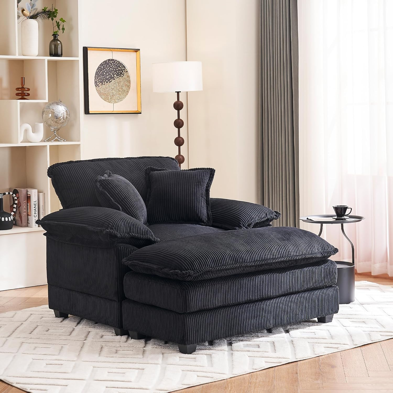 46.9" W Oversized Chair with Ottoman, Corduroy Upholstered Chaise Lounge Chair Indoor Reading Chairs Sofa Couche Oversized Comfy Chairs for Living Room, Bedroom (Corduroy Black)