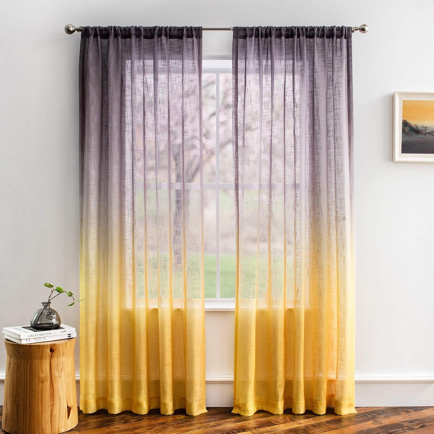 Melodieux Yellow Grey Linen Textured Ombre Semi Sheer Curtains 63 Inches Length for Bedroom Living Room Kids Nursery Golden Sunshine Rod Pocket Gradient Drapes, 52 x 63 Inch (2 Panels)