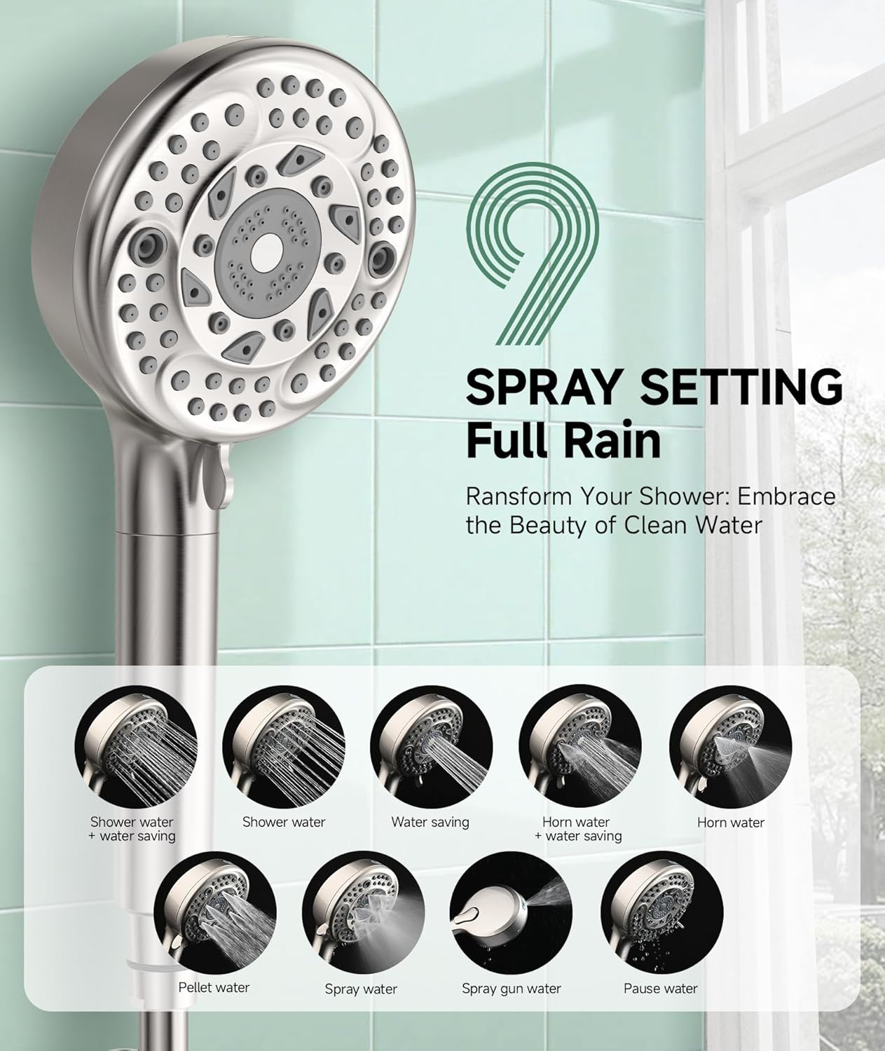 Chrome Handheld Shower Head with Adjustable Height and Filter