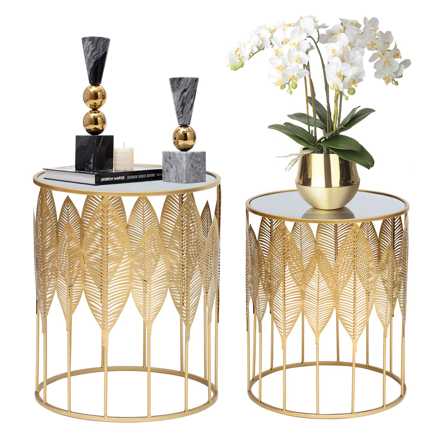 Homebeez End Tables Set of 2, Gold Nesting Side Coffee Table Decorative Round Nightstands (Stainless Steel Top)