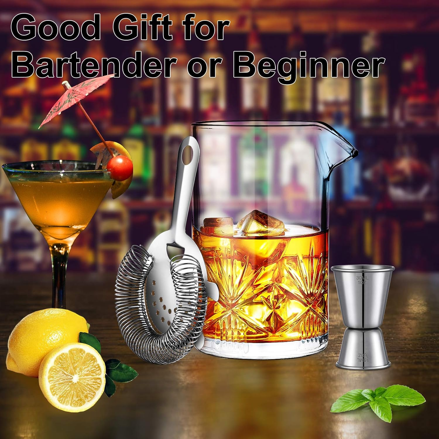 Cocktail Mixing Glass, veecom 18oz Crystal Bartender Kit, 3 Piece Old Fashioned Cocktail Set with Strainer, Jigger, Bar Tools Cocktail Shaker Set, Cocktail Mixer Stirring Glass