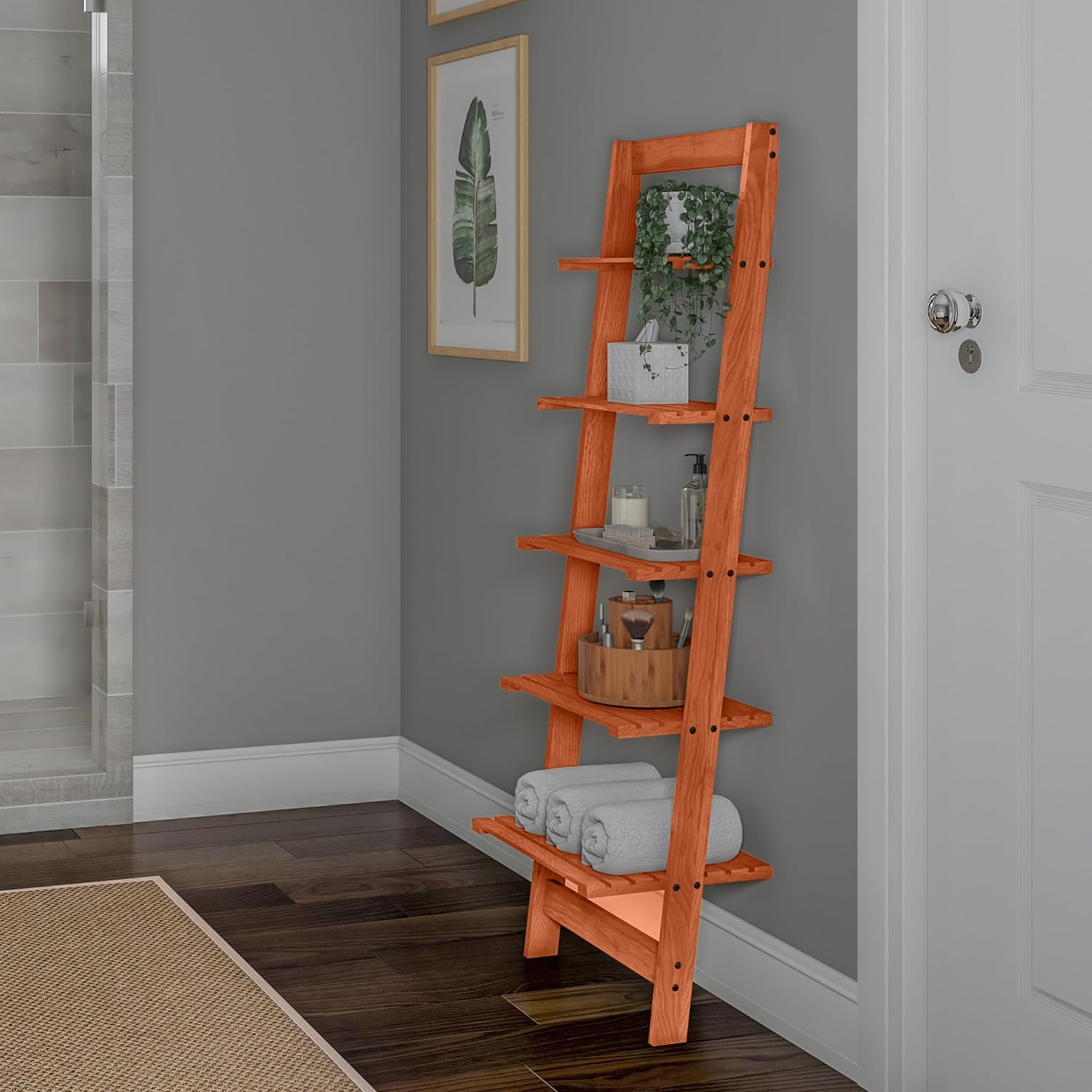 Cherry Painted Wood 5-Tier Leaning Ladder Bookshelf