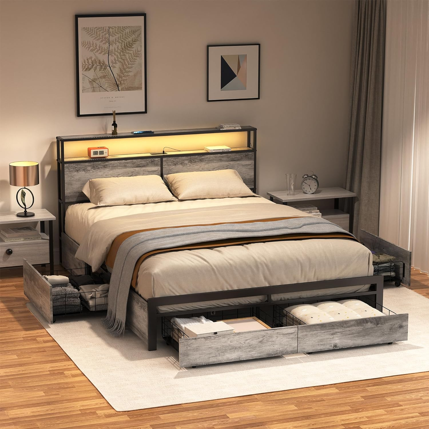 Full Size Gray Metal Bed Frame with LED Headboard and Storage Drawers