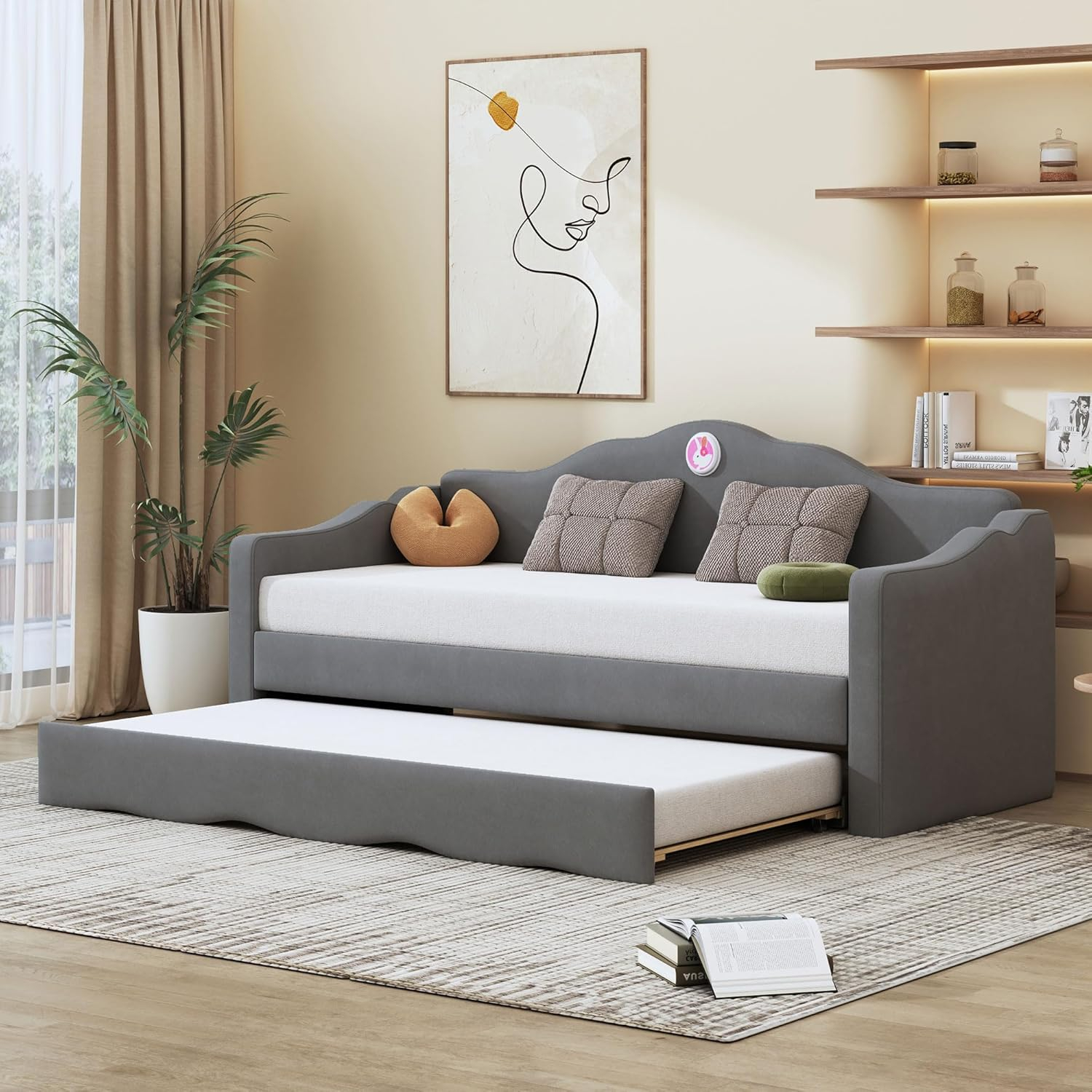 Ball & Cast Upholstered Twin Size Daybed with Trundle, Sofa Bed Frame with Wave-Shaped Back & Arm & Wood Slat Support, No Box Spring Needed, Gray