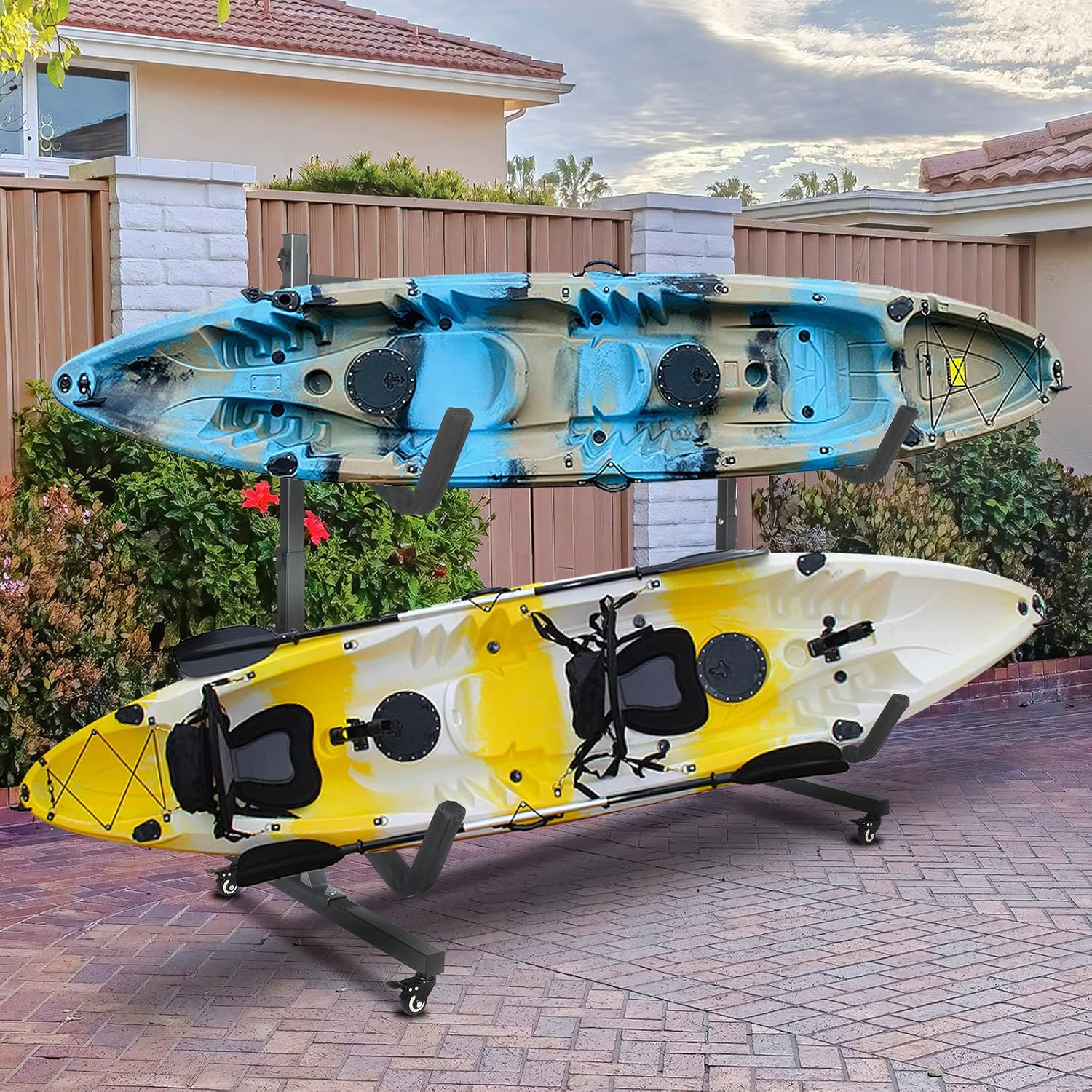 Bonnlo Kayak Stand Freestanding Storage Rack for Kayak Canoe Boat Paddle Board SUP Surfboard for Indoor Outdoor Garage, Shed, Dock with Lockable Wheels Wide Adjustable