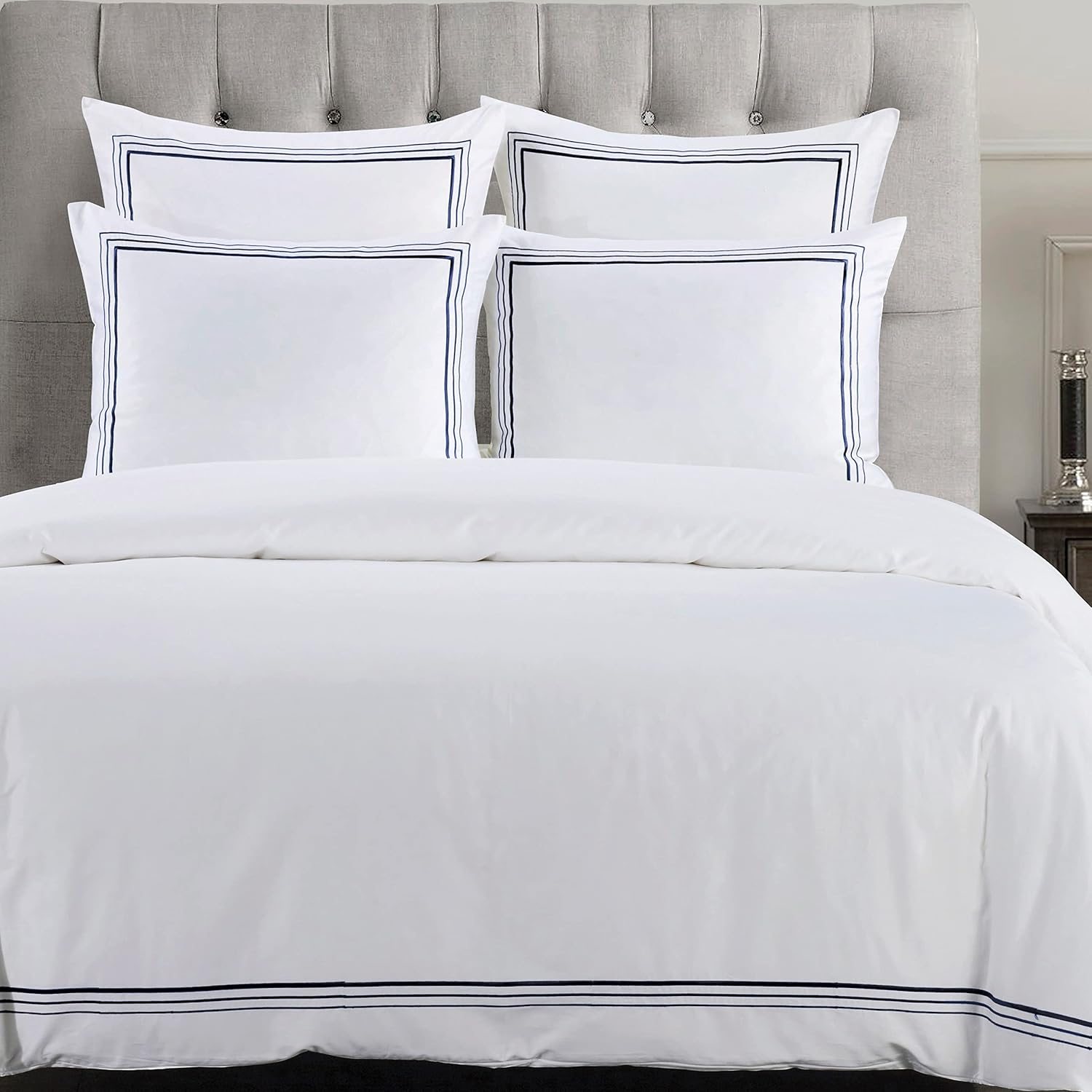 HiEnd Accents Border Embroidery 3 Piece Duvet Cover Set, King Size, White with Navy Embroidery, Modern Classic Hotel Style Cotton Luxury Bedding, 1 Comforter Cover and 2 Pillowcases