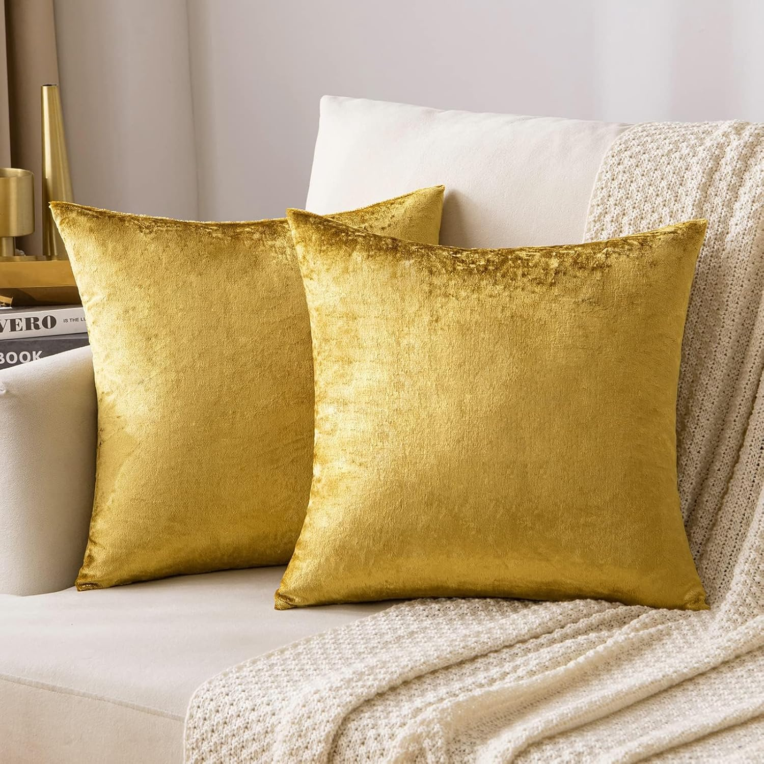 MIULEE Pack of 2 Velvet Soft Solid Decorative Square Throw Pillow Covers Set Fall Cushion Cases for Sofa Bedroom Couch 18 x 18 Inch Golden