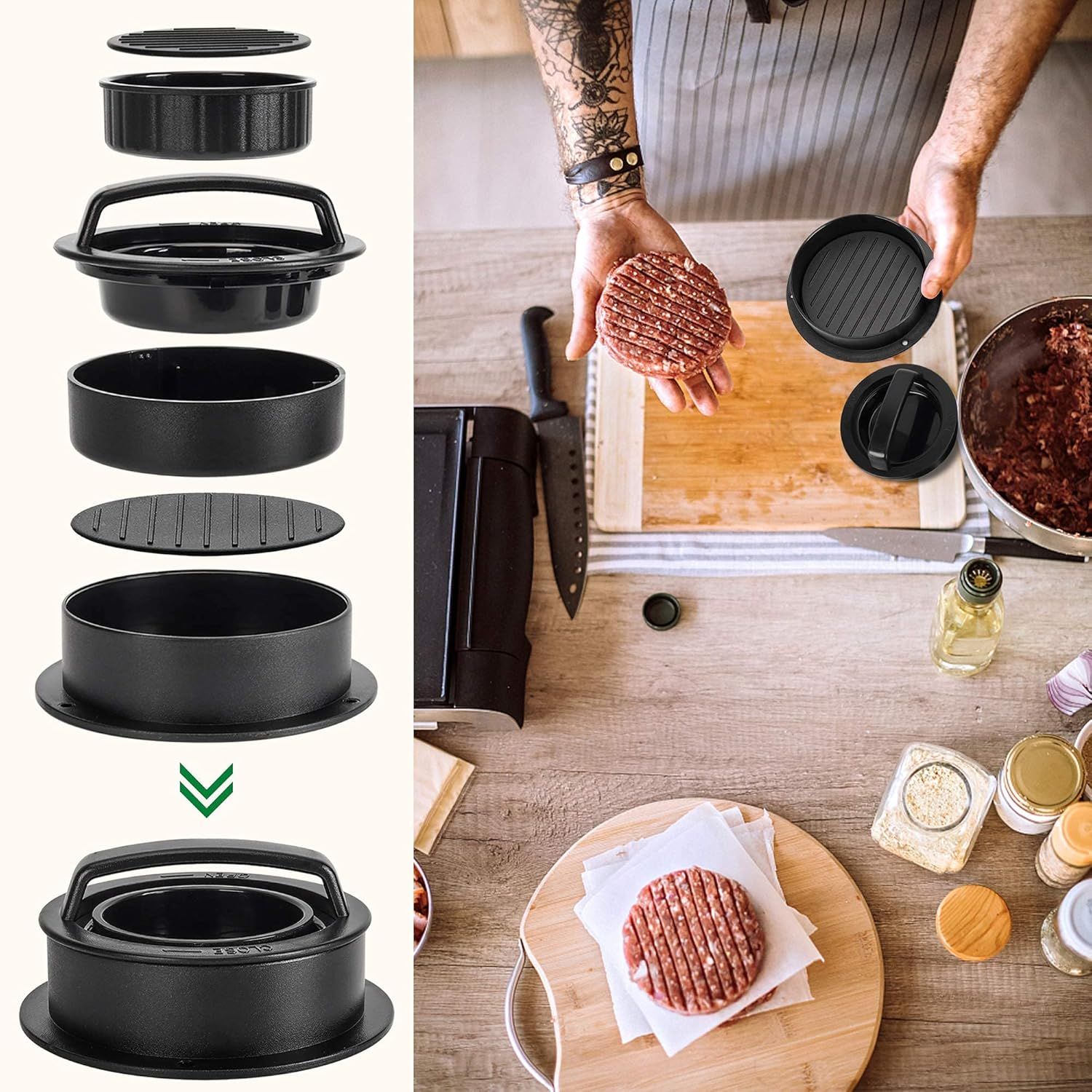 Badiano Hamburger Press Patty Maker, Burger Press, 3 in 1 Meat Beef Veggie Hamburger Mold, Black