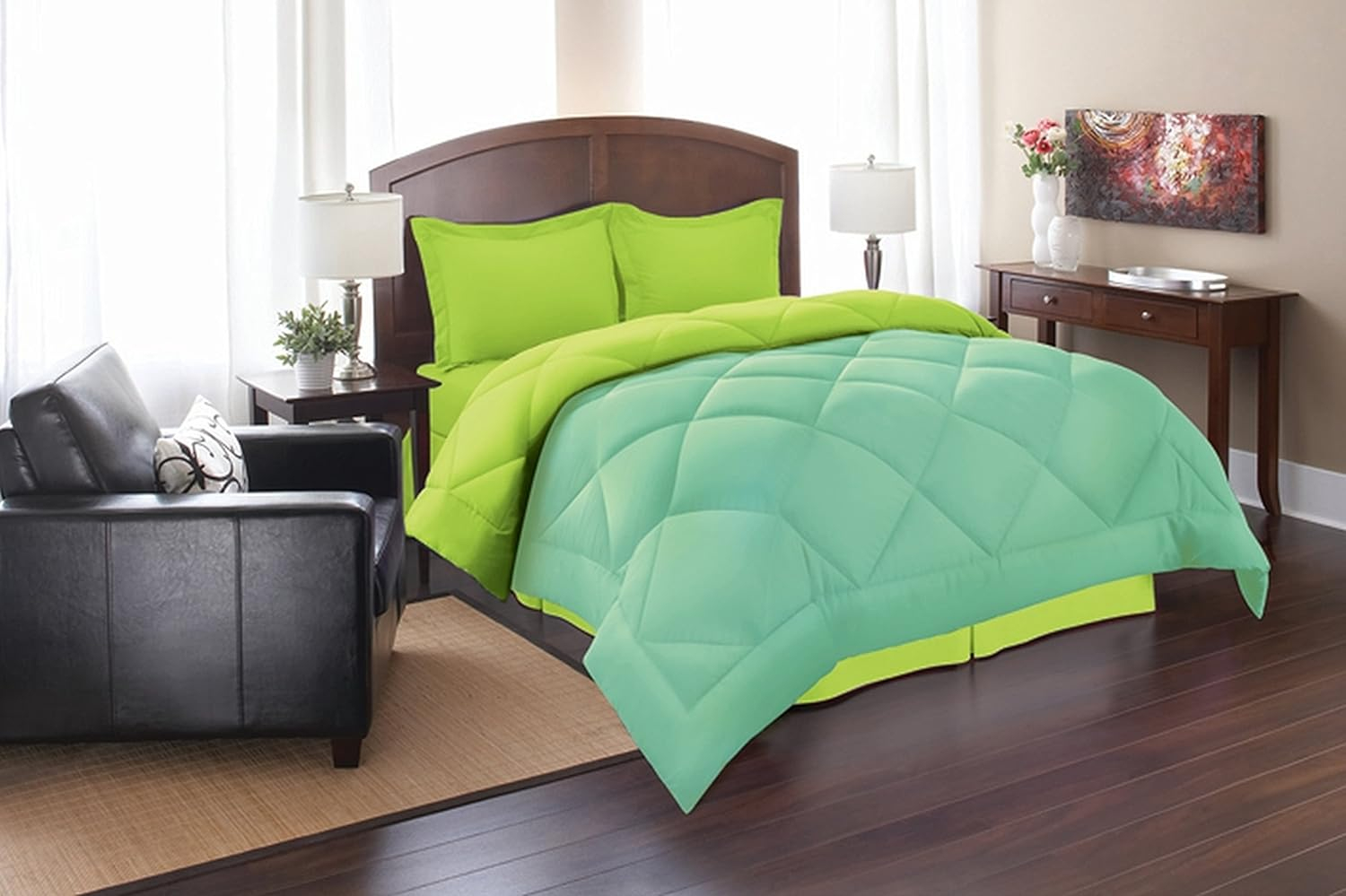 Elegant Comfort All Season Goose Down Alternative Reversible 2-Piece Comforter Set- Available in and Colors, Twin/Twin XL, Aqua/Lime