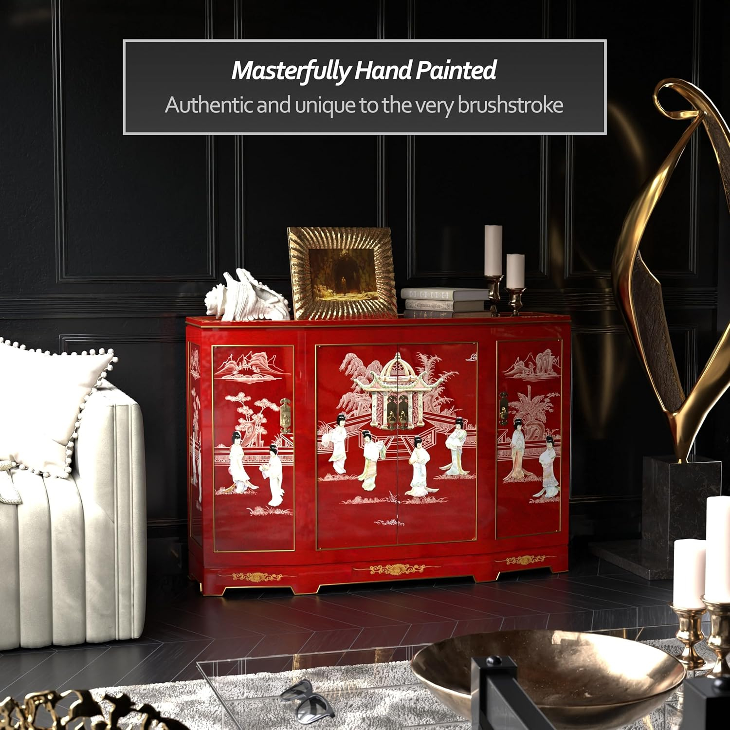Oriental Furniture Slant Front Cabinet, Red color, 40.00"Wx 32.00"H