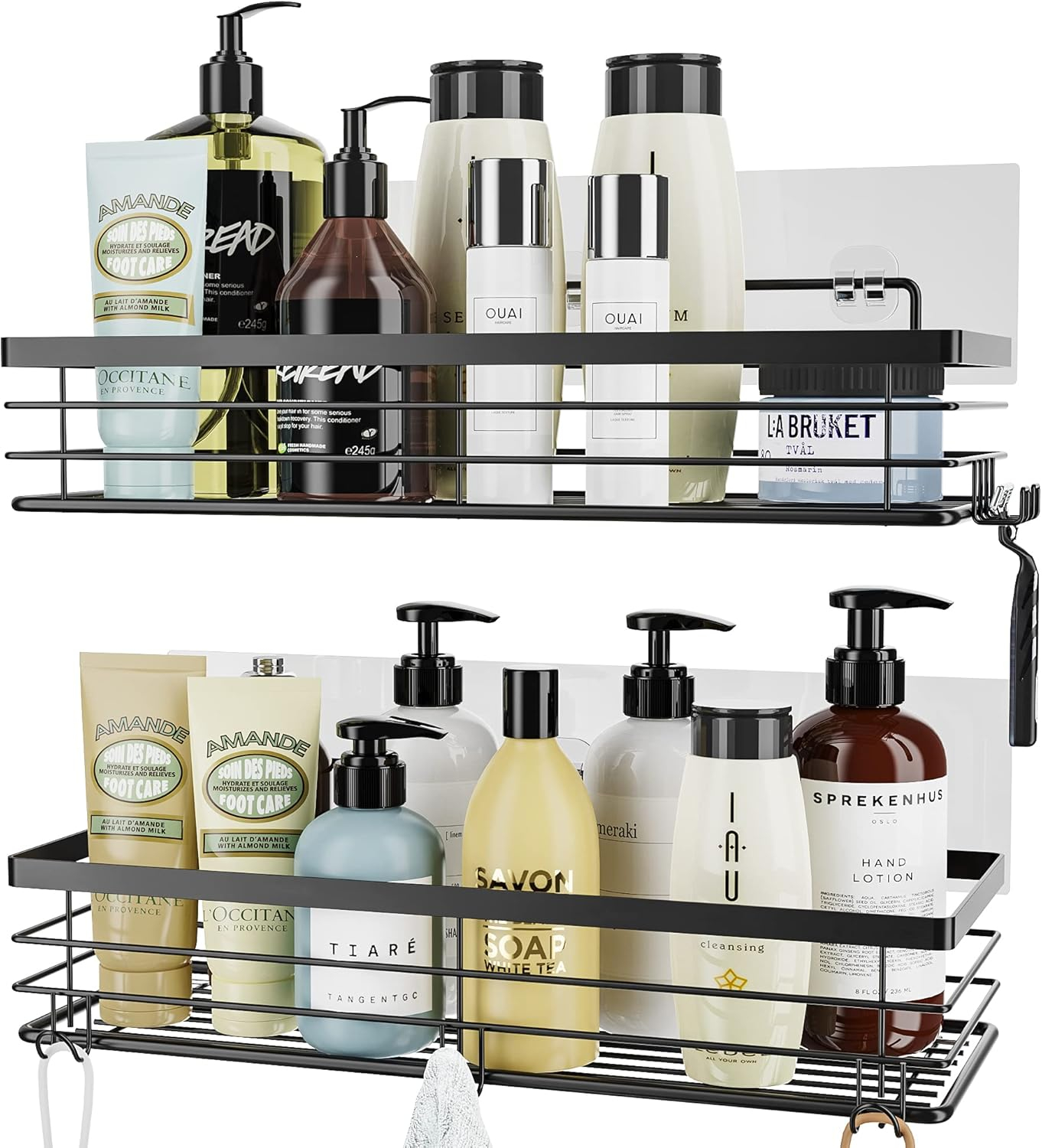 Orimade Shower Caddy with 5 Hooks for Hanging Razor and Sponge Adhesive Shower Shelf Basket Bathroom Storage Organizer Kitchen Rack No Drilling Stainless Steel Rustproof - 2 Pack,Black