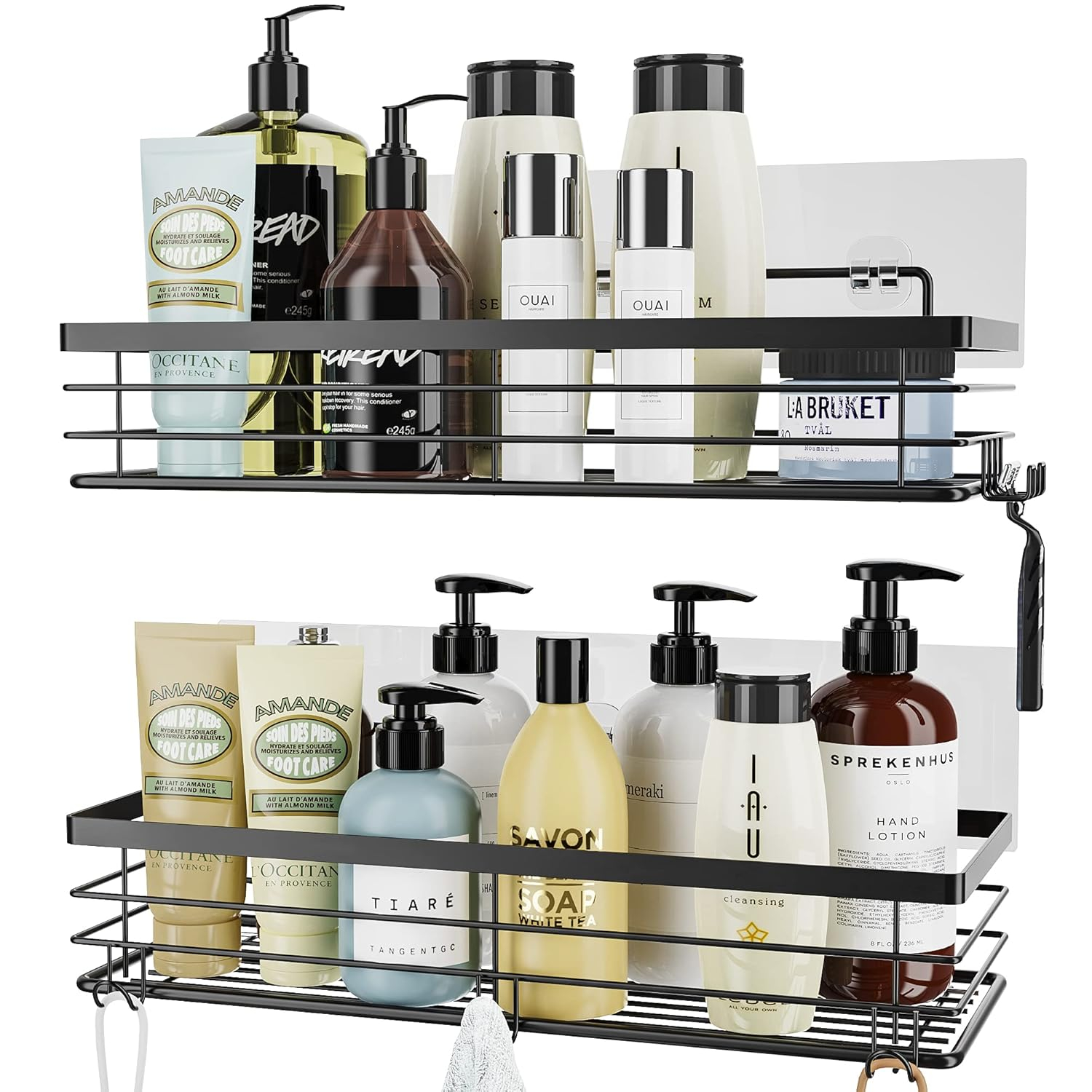 Orimade Shower Caddy with 5 Hooks for Hanging Razor and Sponge Adhesive Shower Shelf Basket Bathroom Storage Organizer Kitchen Rack No Drilling Stainless Steel Rustproof - 2 Pack,Black
