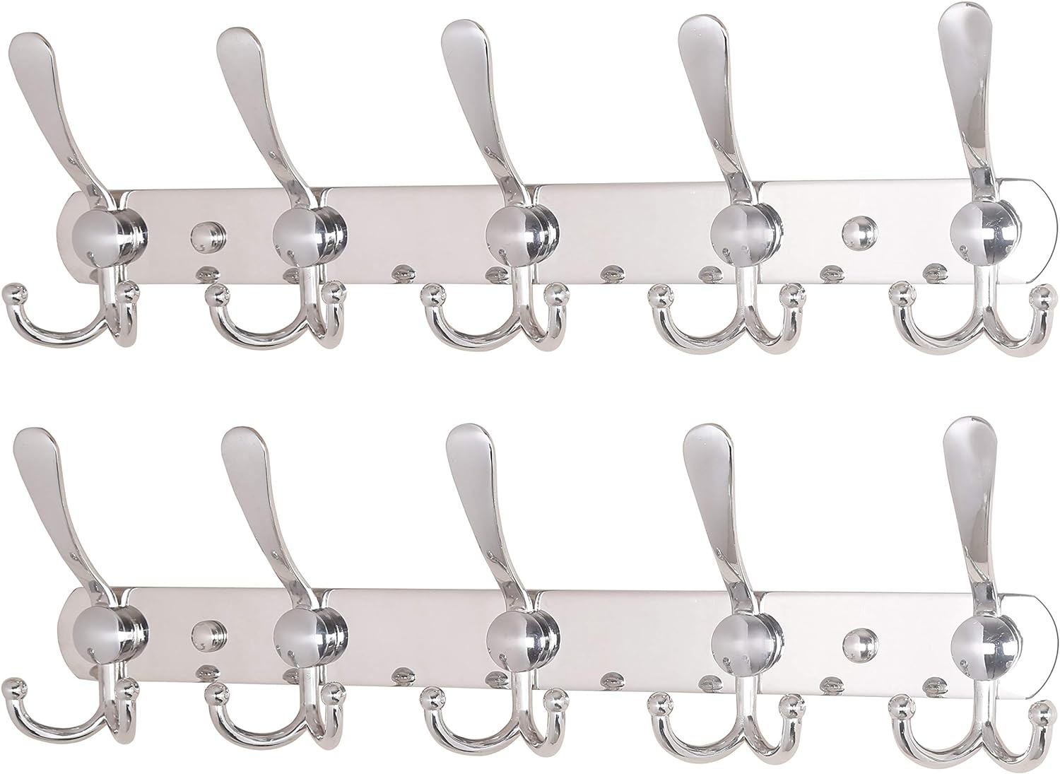 Dseap Wall Mounted Coat Rack - 5 Tri Hooks, Heavy Duty, Stainless Steel, Metal Coat Hook Rail for Coat Hat Towel Purse Robes Mudroom Bathroom Entryway (Chromed, 2 Packs)