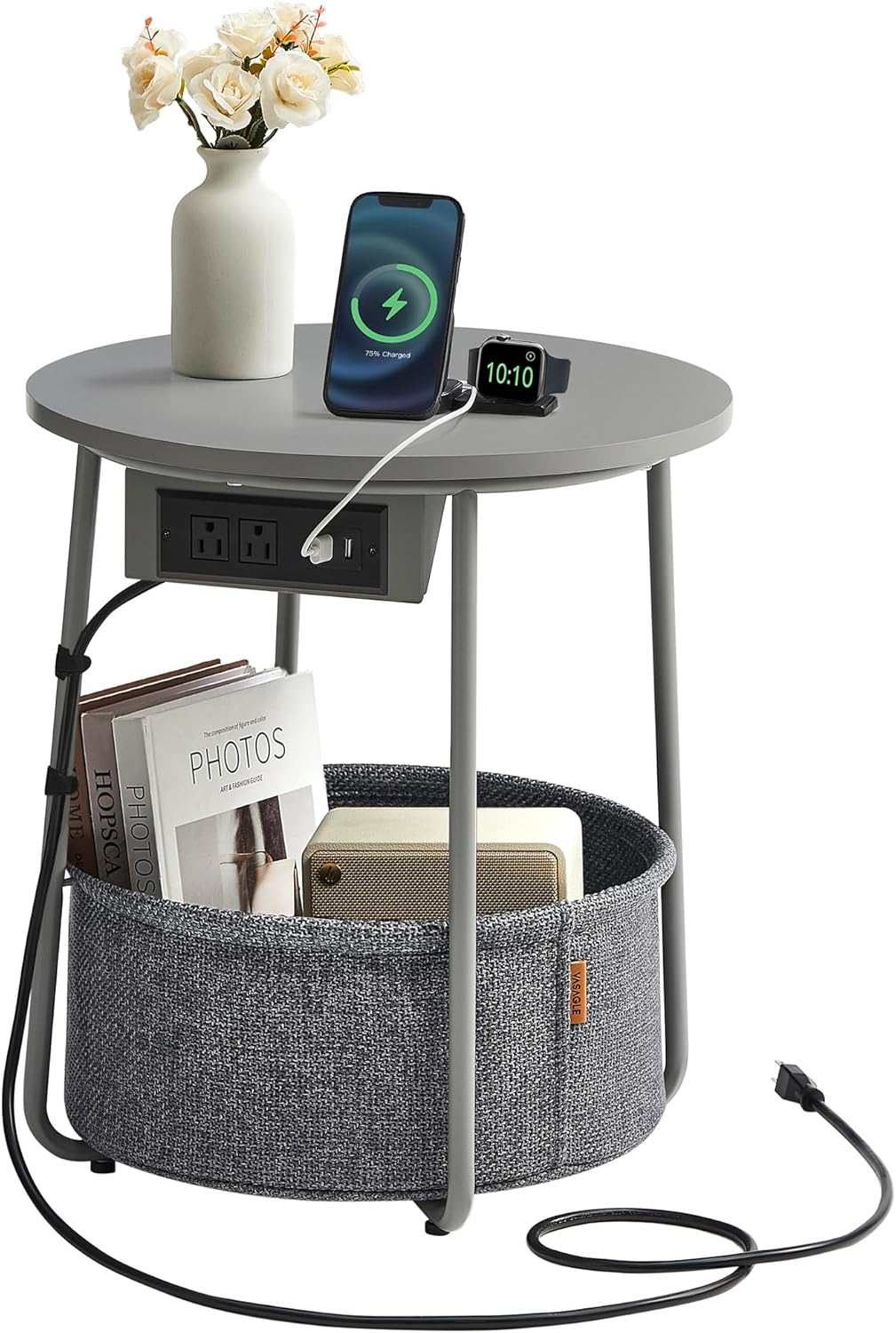 VASAGLE Side Table with Charging Station, Round End Table With Fabric Basket, Nightstand with Power Outlets USB Ports, for Living Room, Bedroom, Modern, Dove Gray and Slate Gray ULET228G01