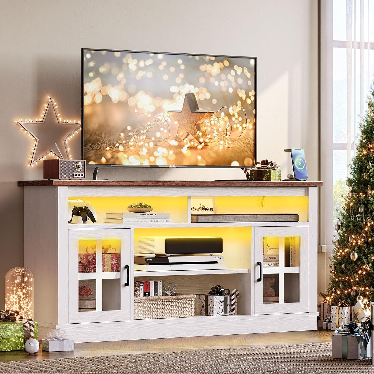 TV Stand for 65 Inch TVs,Farmhouse Entertainment Center with LED Lights and Charging Station,TV Cabinet/Console Table with Adjustable Shelves and Glass Doors for Living Room White+Walnut