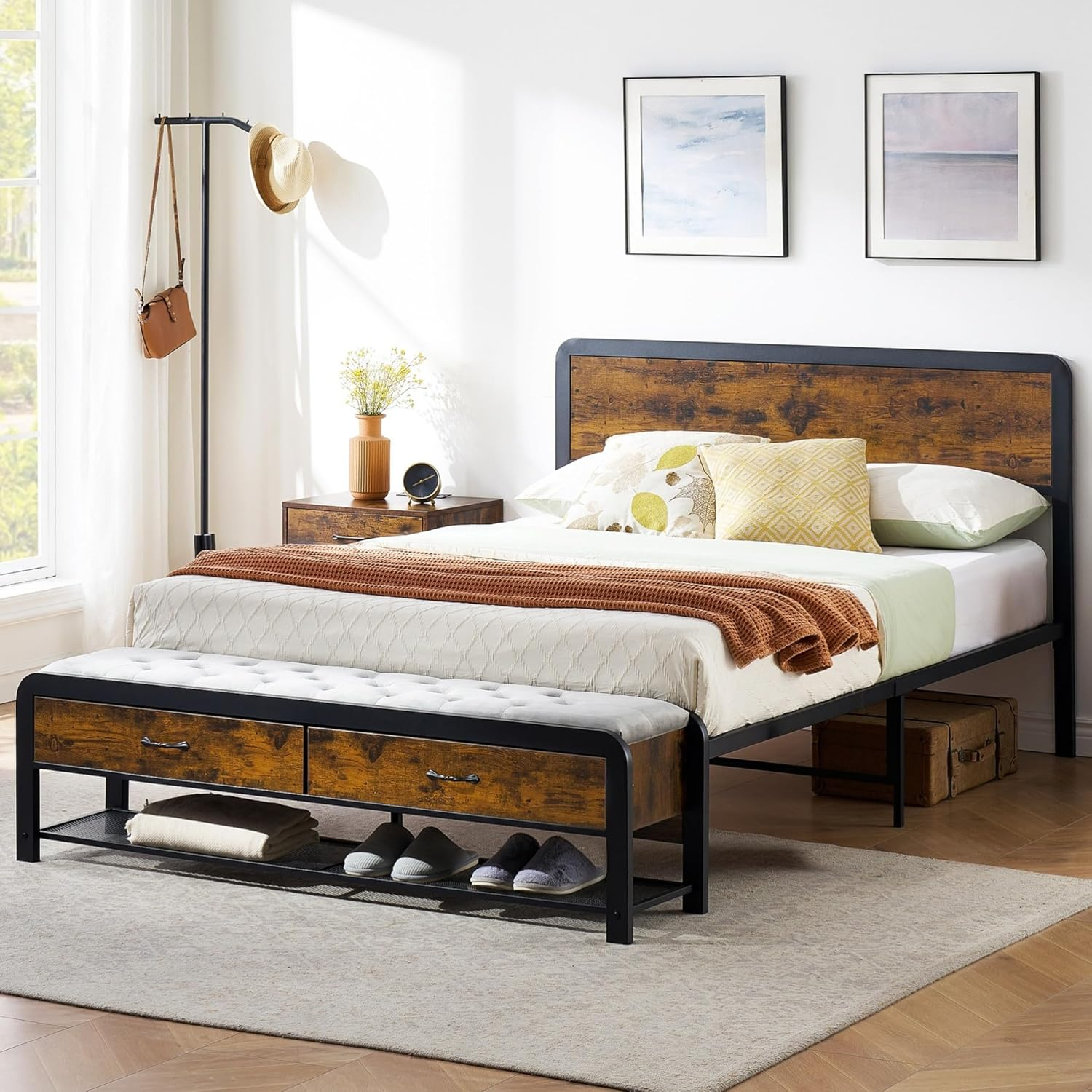 Alkmaar Full Size Platform Bed Frame with 2 Storage Drawers and Headboard, Bed Frame with Safe Rounded Corners & Strong Metal Slats Support, Mattress Foundation with Storage No Box Spring Needed