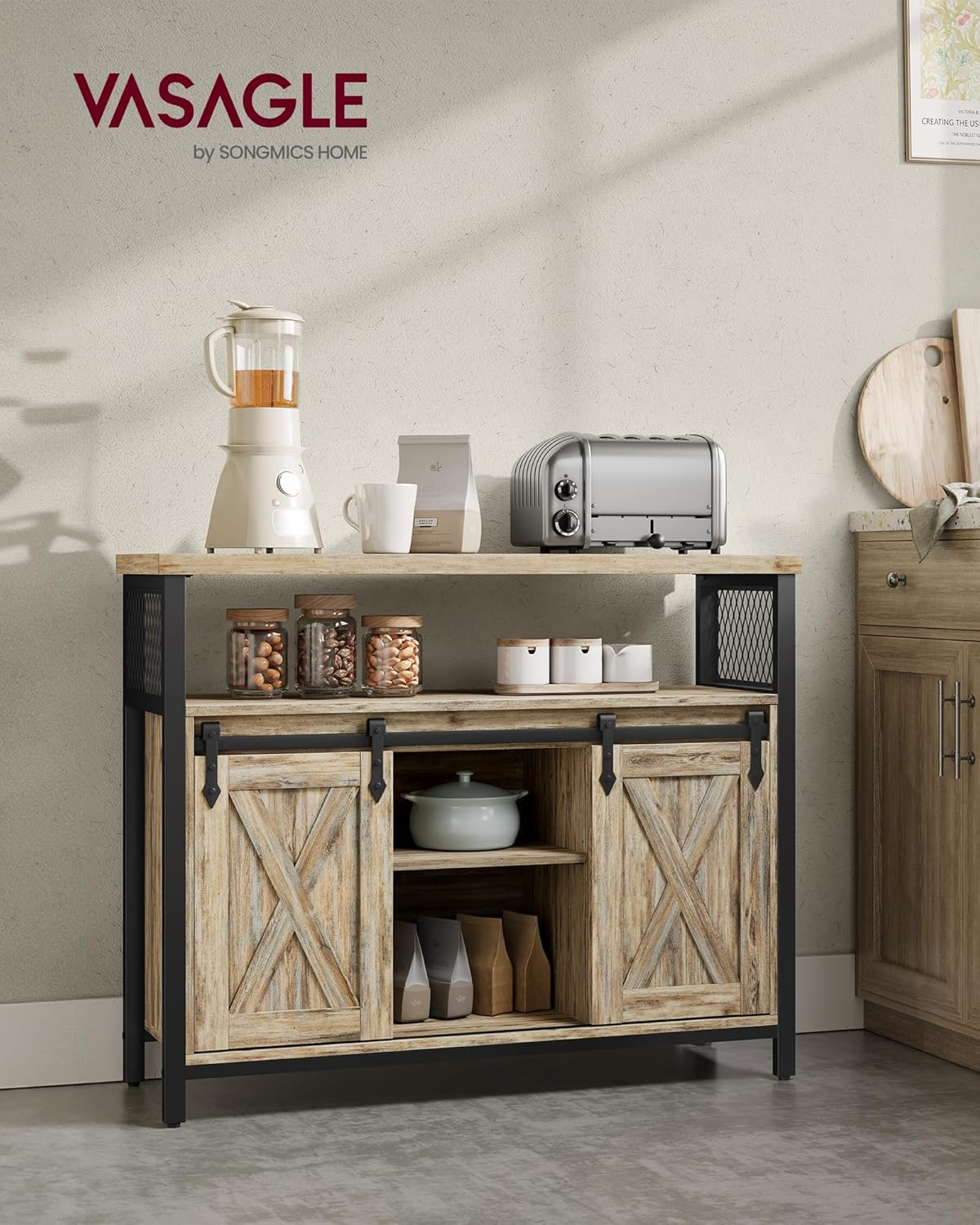 VASAGLE Buffet Cabinet, Storage Cabinet, Sideboard with 2 Sliding Barn Doors, Adjustable Shelves, 13 x 39.4 x 31.5 Inches, for Living Room, Turquoise Brown and Ink Black ULSC092B60