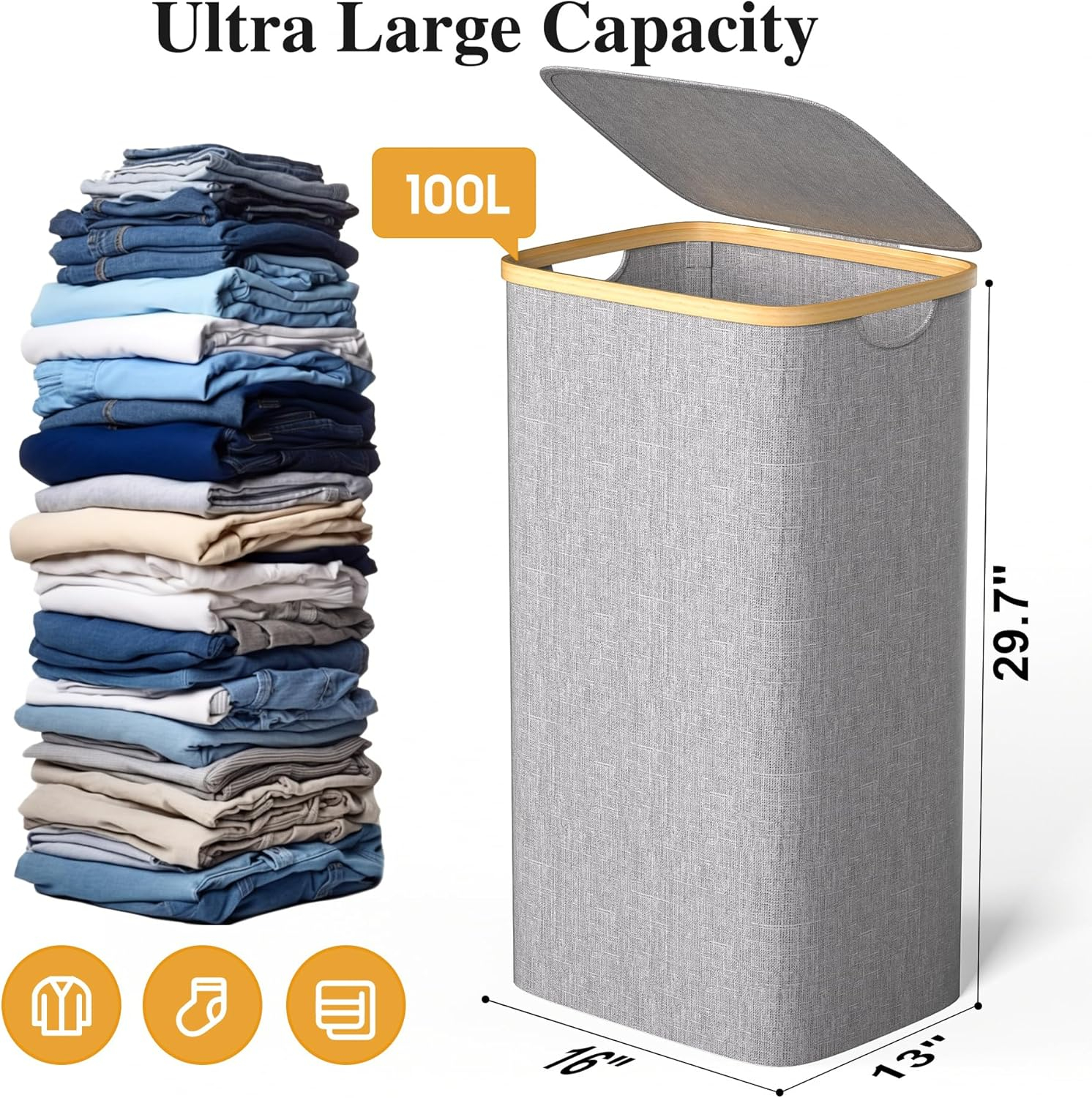 Large Laundry Hamper, 100L Waterproof Laundry Basket with Lid and Removable Bag, Collapsible Tall Clothes Hamper with Bamboo Handles for Clothes Toys in Dorm Bedroom Bathroom, Grey