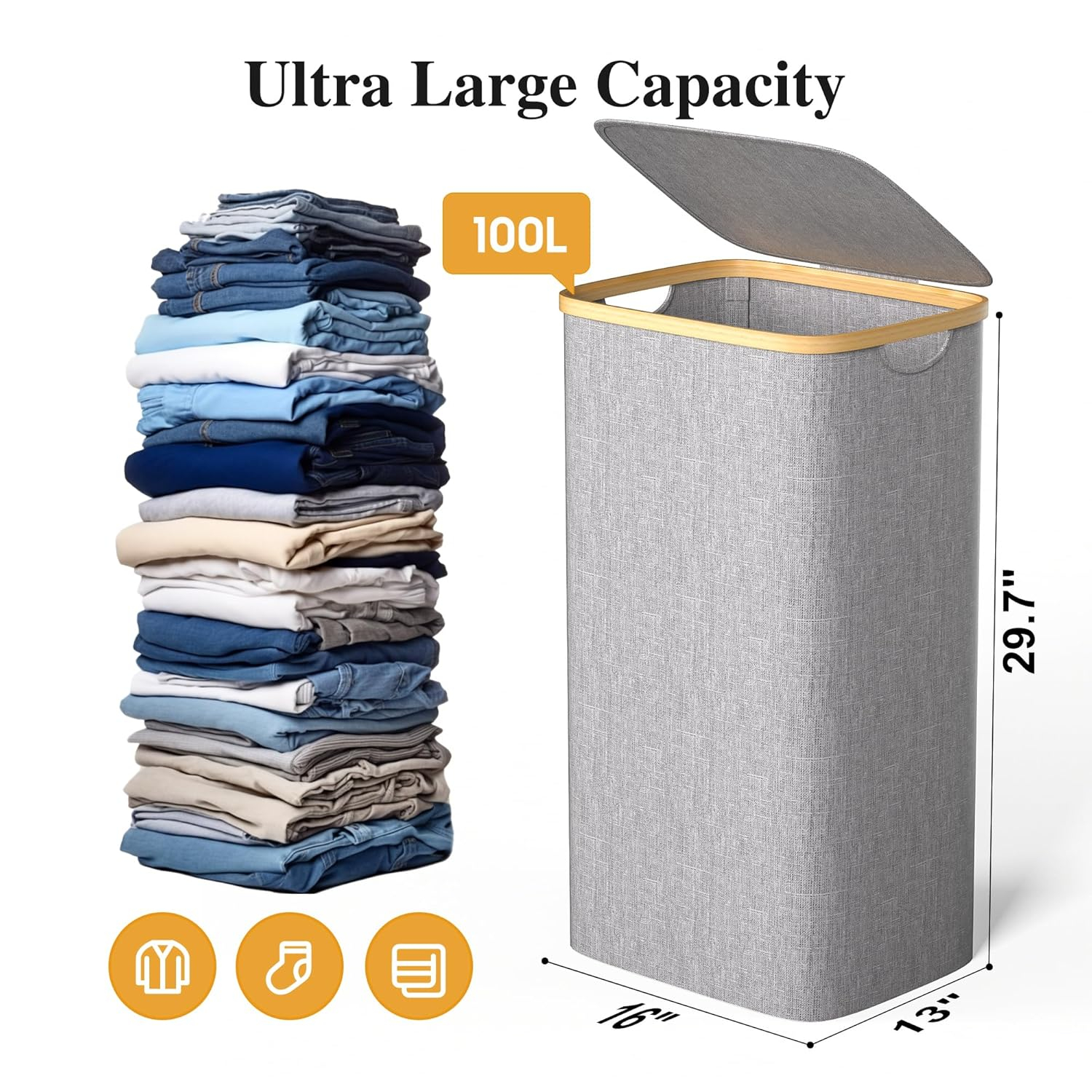 Large Laundry Hamper, 100L Waterproof Laundry Basket with Lid and Removable Bag, Collapsible Tall Clothes Hamper with Bamboo Handles for Clothes Toys in Dorm Bedroom Bathroom, Grey