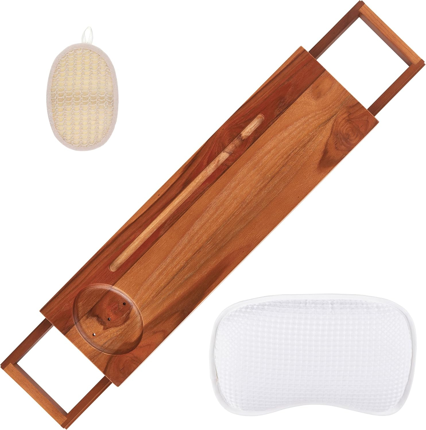 Ginsey 3 Piece Teak Spa Gift Set, Includes Expandable Tray,  Bath Pillow, And Exfoliating Scrubber