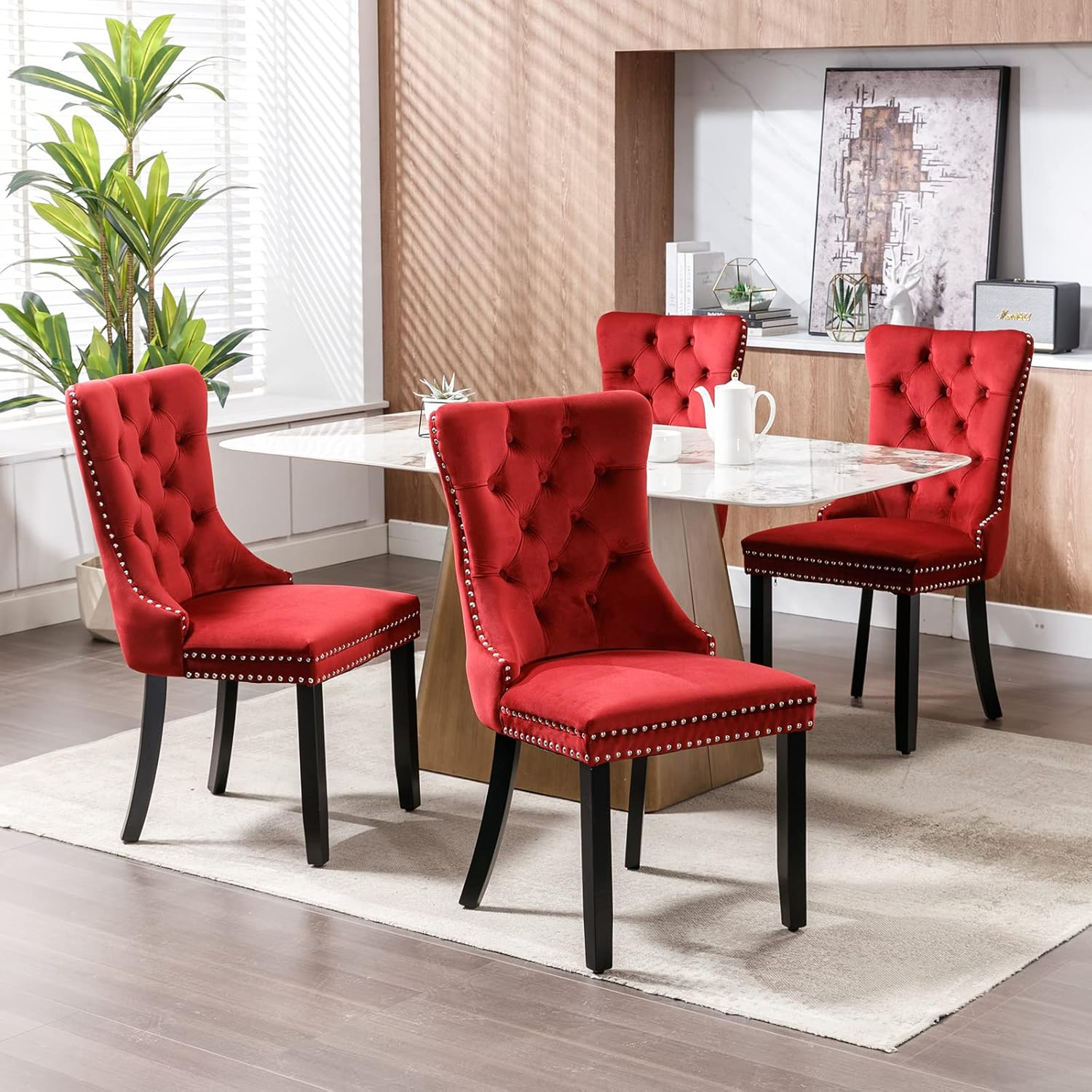 Set of 2 Velvet Dining Chairs,Upholstered Wing-Back Dining Chairs with Button Tufted Backrest and Nailhead Trim,Accent Armless Chairs with Solid Wood Legs for Kitchen Living Room Office,Burgundy