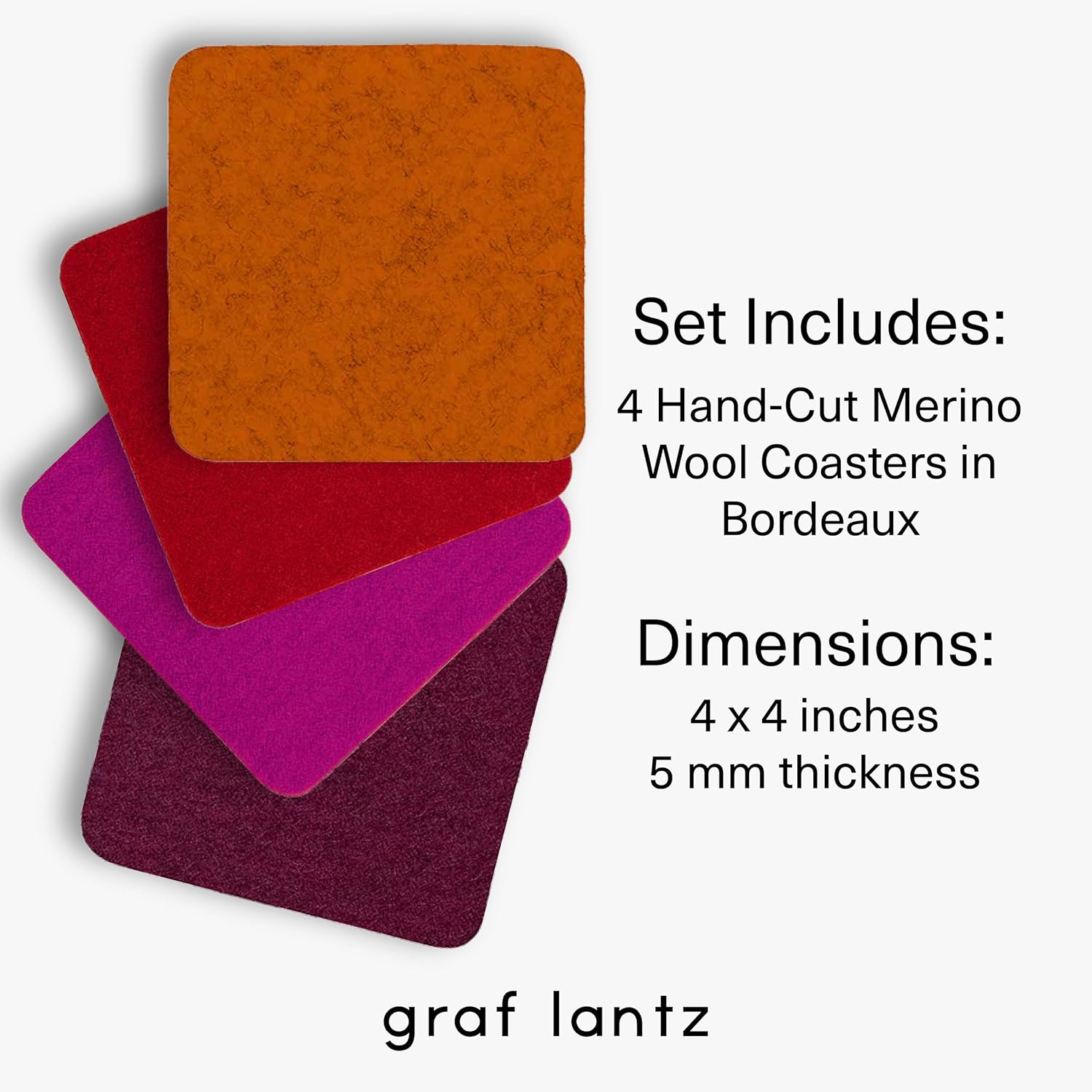 Graf Lantz - Bierfilzl Felt Coasters - Square - 100% Merino Wool - Moisture Wicking - Heat Resistant - Sustainable - Home Decor - Absorbs - Housewarming Gift - 4 Coaster Set - 4" x 4"x 5 mm - Bordeaux