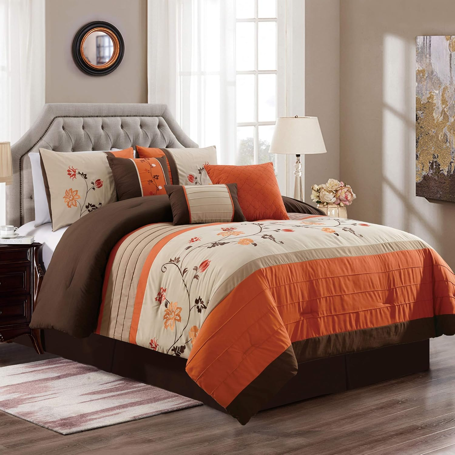 Serene 7-Piece Luxury Autumn Floral Embroidery Comforter Set, California King, Orange/Brown/Taupe