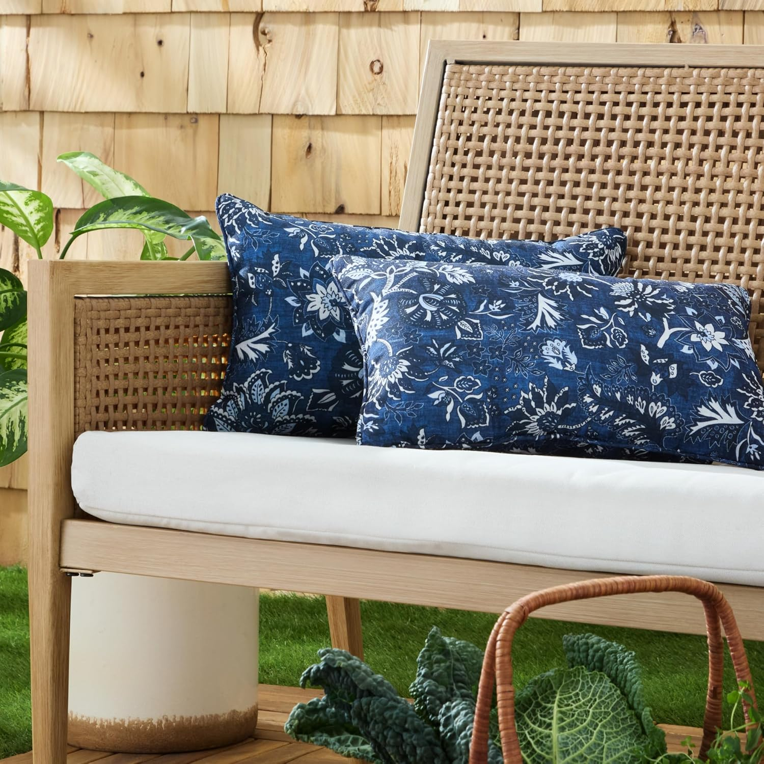 MARTHA STEWART Distressed Jacobean Indoor Outdoor Decorative Lumbar Pillow 2-Pack Set, UV Fade Resistant, Water Repellent, Printed Floral Design, Navy Blue, 11"x18"