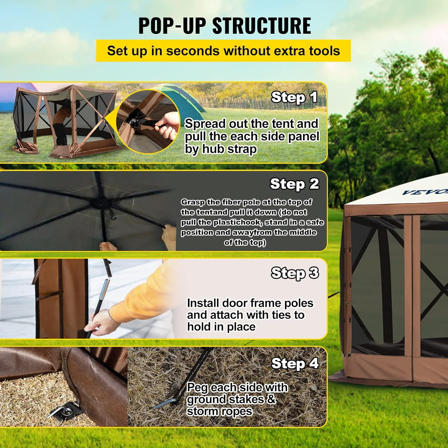 Hexagonal Brown and Beige Alloy Steel Pop-Up Gazebo Tent