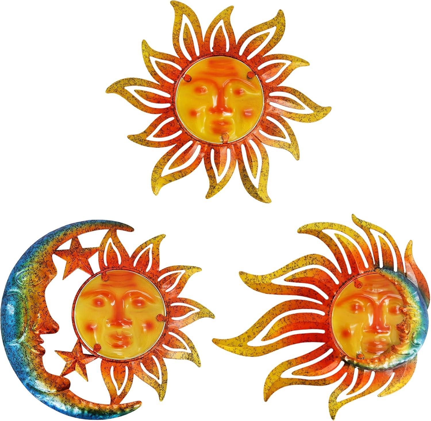 BVLFOOK Sun Face Metal Wall Art Decor Outdoor Indoor, Sun Moon Star, Metal & Glass Hanging Wall Patio Decorations for Outdoor Living Room Bedroom Garden Porch Fence Balcony, Set of 3, 9 inch Large