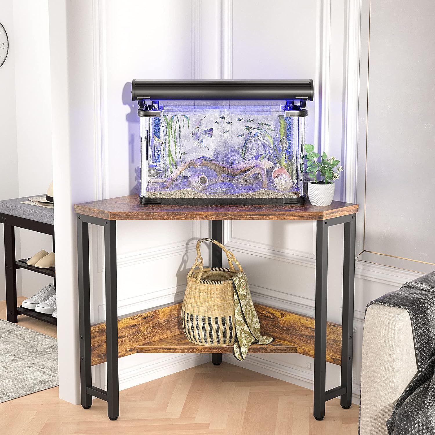 Armocity Corner Small Desk with Outlets Corner Table for Small Space Industrial Computer Desk with USB Ports Triangle Desk with Storage for Home Office, Workstation, Living Room, Bedroom, Rustic