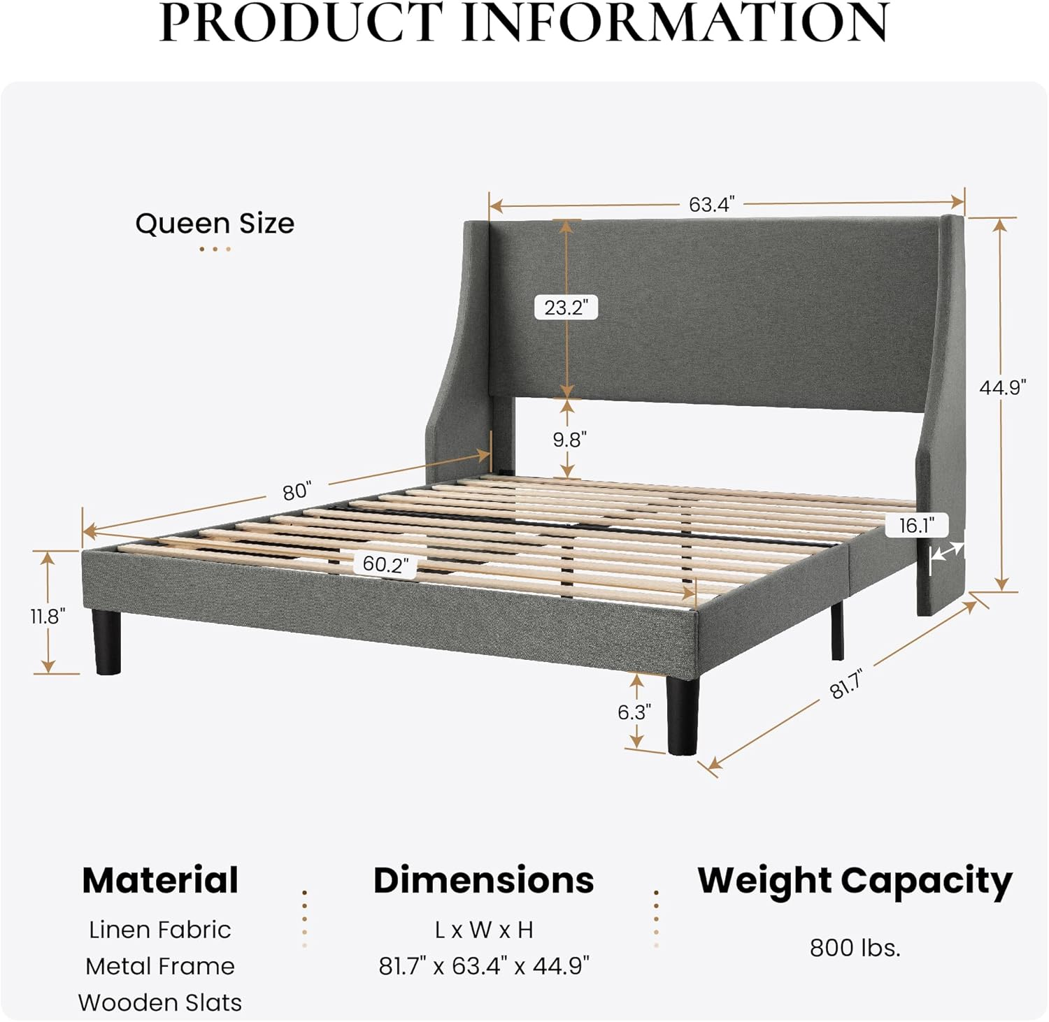 SHA CERLIN Platform Bed Frame Queen Size with Upholstered Headboard – Sleek Wingback Design, Reinforced Wood Slat Support, Light Grey