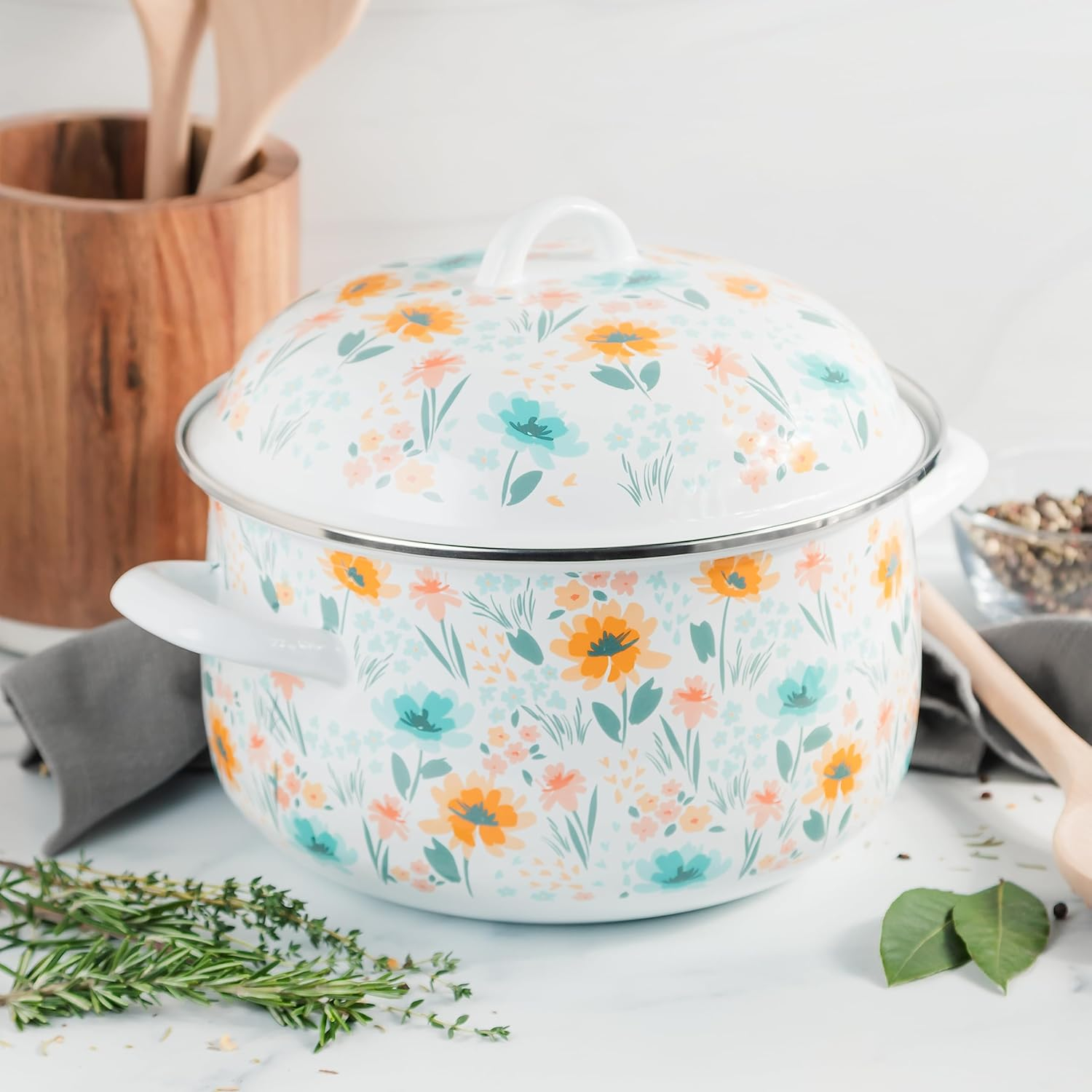 Prep•N•Cook by McSunley 6Qt Floral Porcelain Enamel Dutch Oven