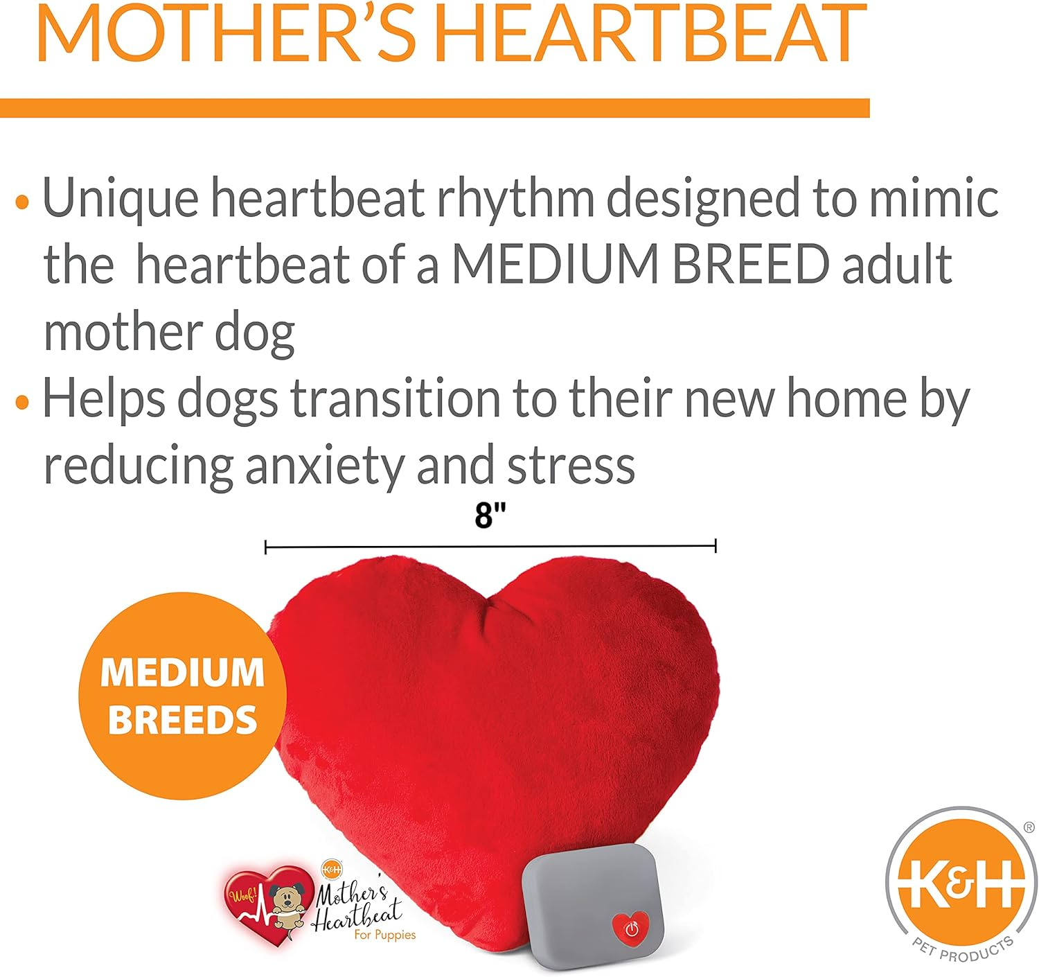 K&H Pet Products Mother's Heartbeat Calming Dog Toy Heart Pillow Red Medium Breed Heartbeat 8 Inch
