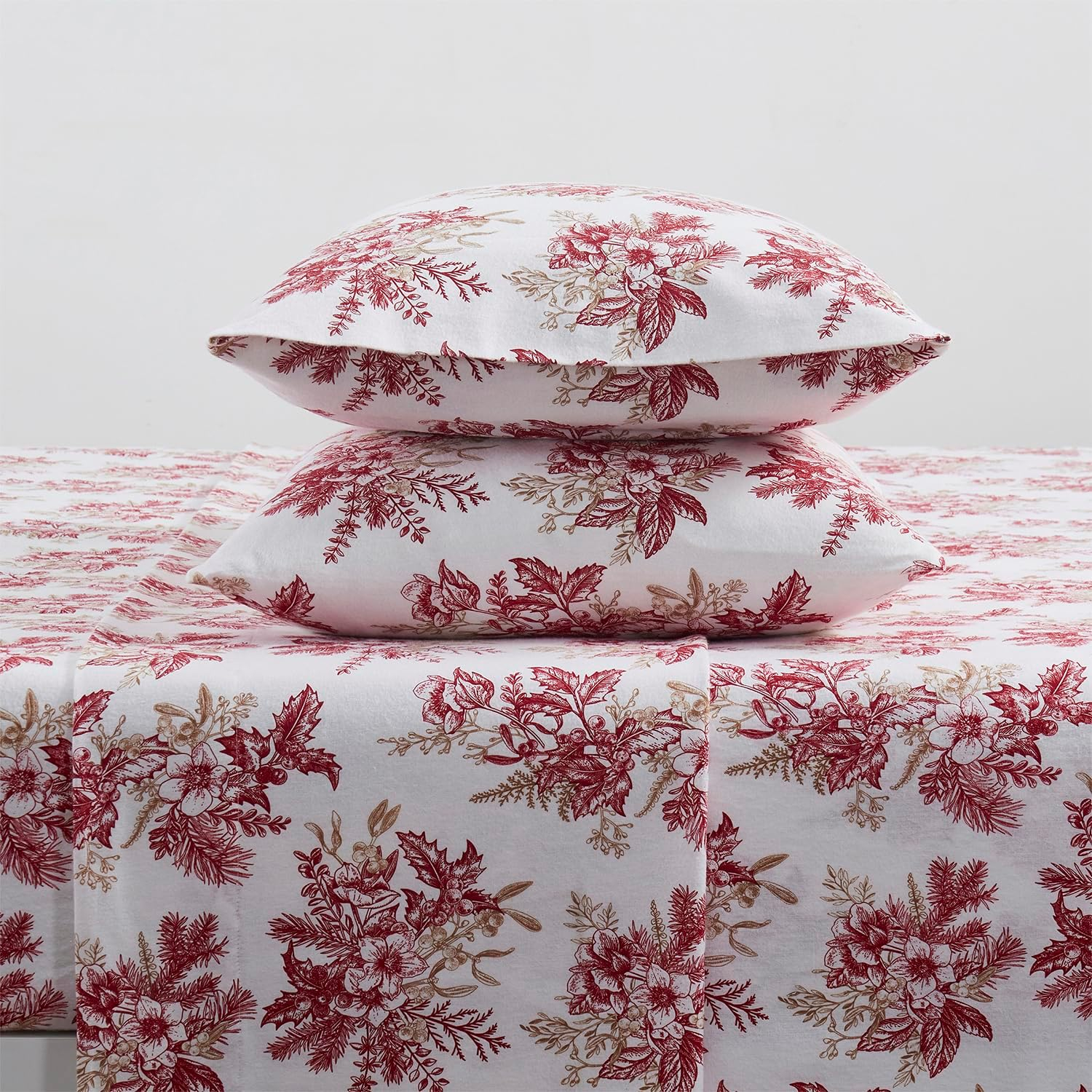 Queen Red and White Cotton Flannel Floral Sheet Set