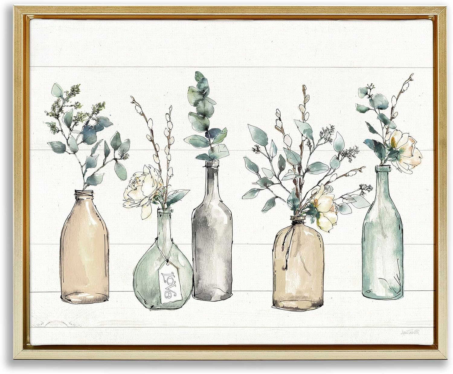 Stupell Industries Bottles And Plants Farm Wood Textured Design Metallic Gold Framed Floating Canvas Wall Art, 16x20, by Anne Tavoletti