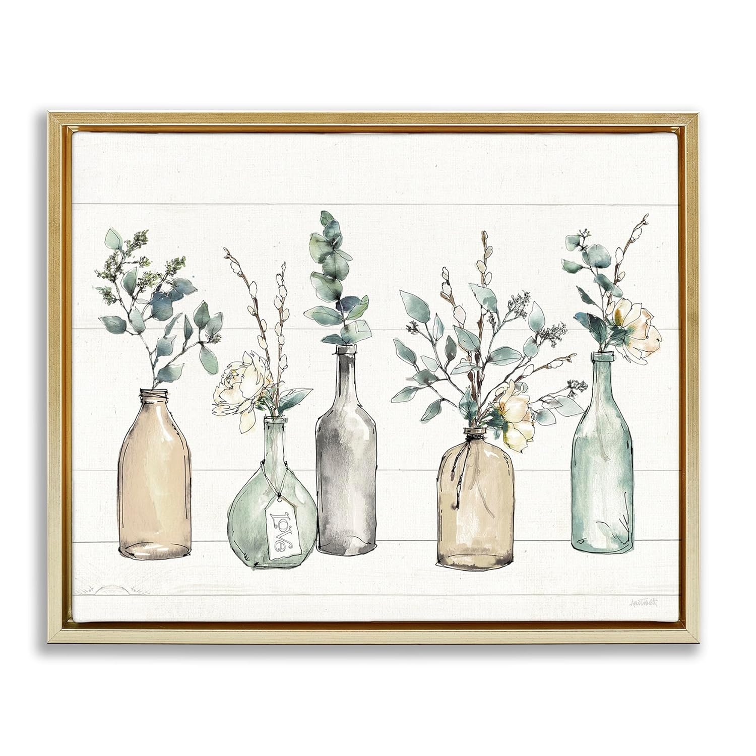 Stupell Industries Bottles And Plants Farm Wood Textured Design Metallic Gold Framed Floating Canvas Wall Art, 16x20, by Anne Tavoletti