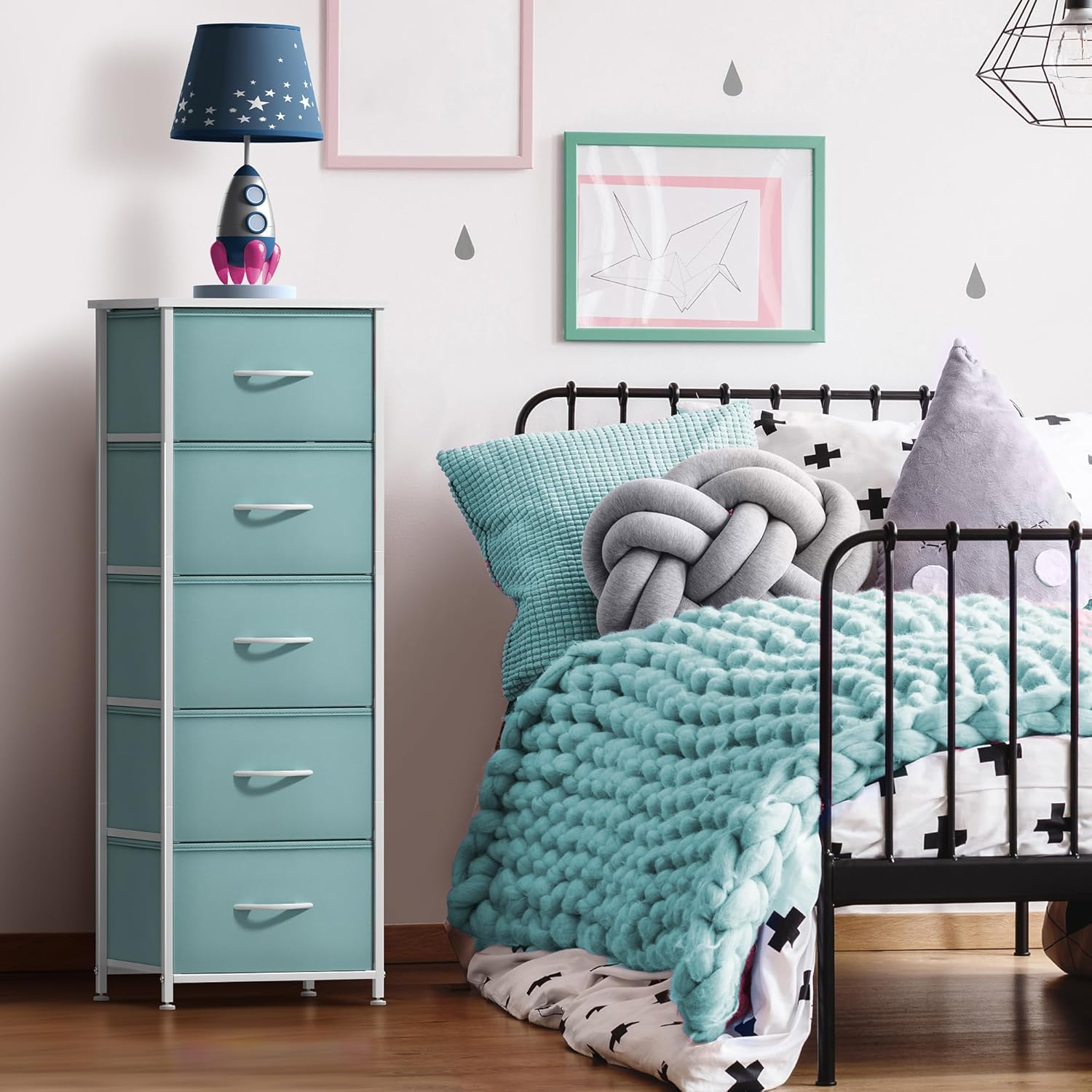 Sorbus Fabric Dresser for Kids Bedroom - Chest of 5 Drawers, Tall Storage Tower, Clothing Organizer, for Closet, for Playroom, for Nursery, Steel Frame, Fabric Bins - Wood Handle (Aqua)