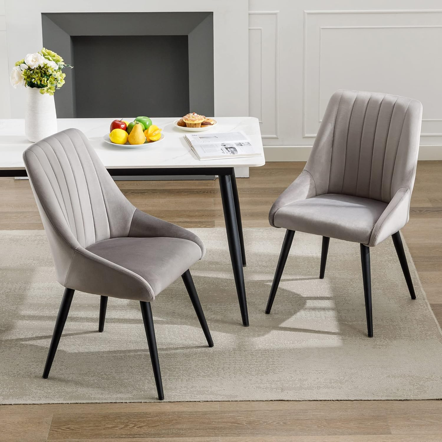 Set of 2 Gray Velvet Upholstered Dining Chairs with Metal Legs